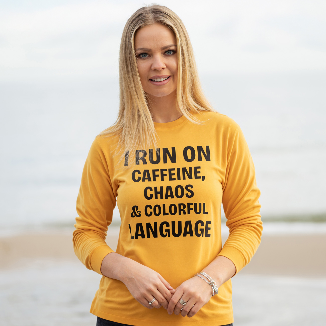Long Sleeve Tee — "I Run On Caffeine, Chaos &amp; Colorful Language" Funny Graphic Shirt product thumbnail image