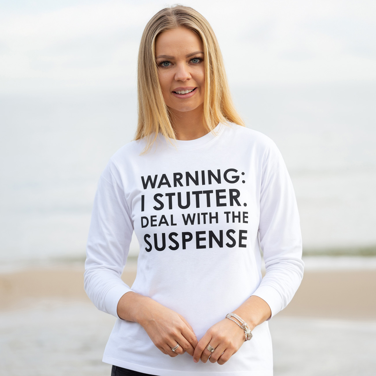 Long Sleeve Tee — "Warning: I Stutter. Deal With The Suspense" Funny Awareness Shirt product thumbnail image