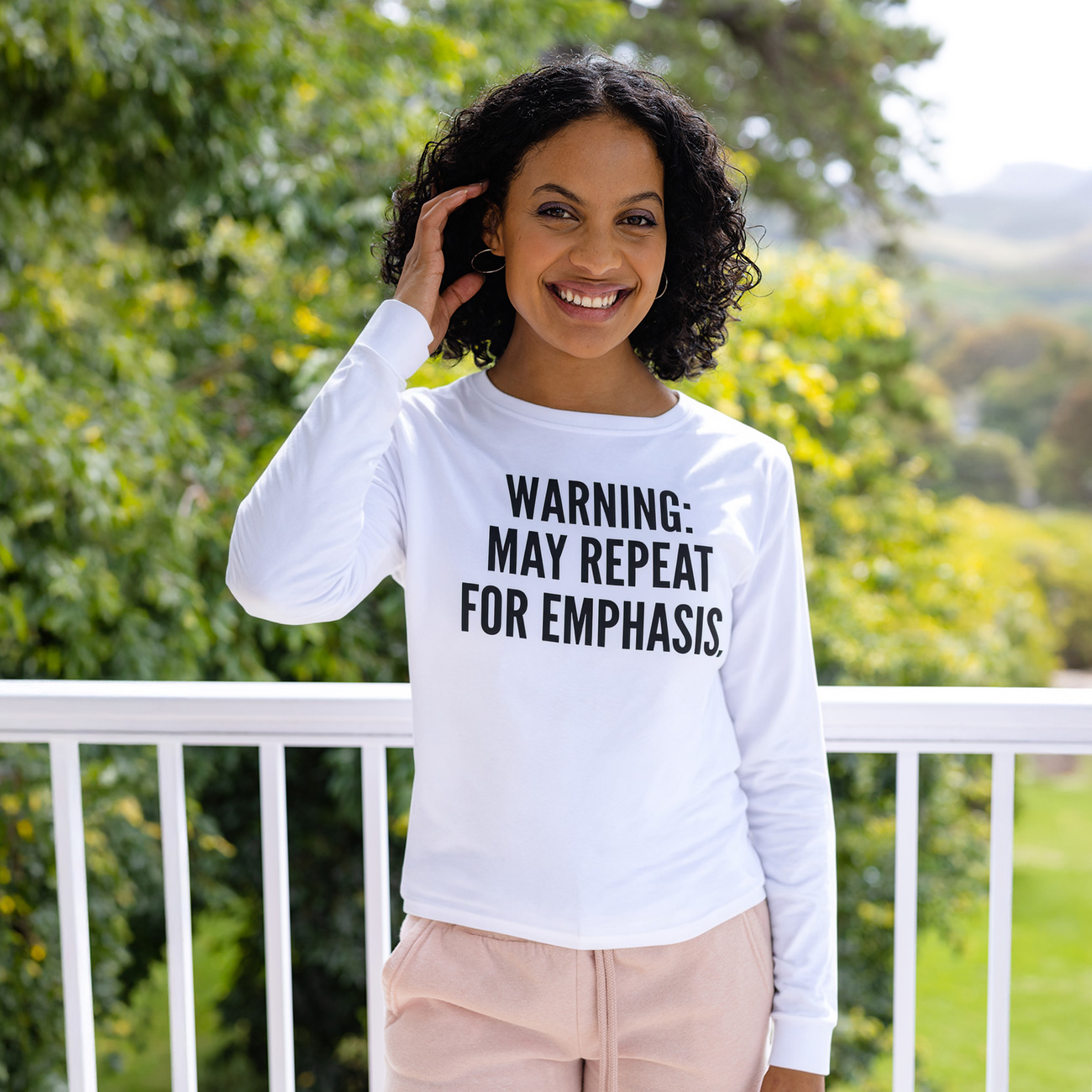 Long Sleeve Tee — “Warning: May Repeat For Emphasis.” Minimalist Statement Shirt product thumbnail image