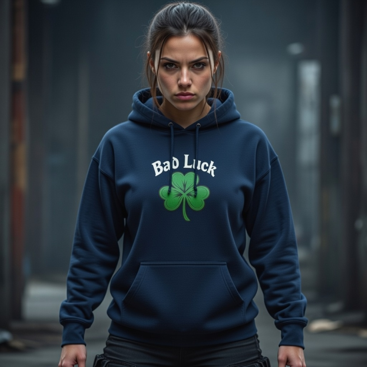 Bad Luck Hoodie – Garment-Dyed Charcoal Pullover with Four-Leaf Clover