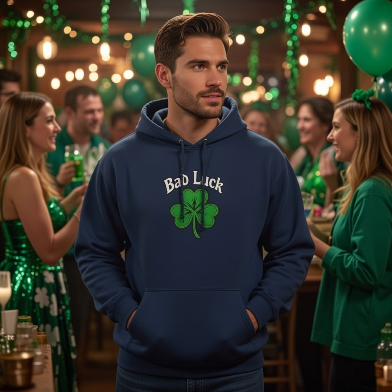 Bad Luck Hoodie – Garment-Dyed Charcoal Pullover with Four-Leaf Clover product thumbnail image Bad Luck Hoodie – Garment-Dyed Charcoal Pullover with Four-Leaf Clover product thumbnail image