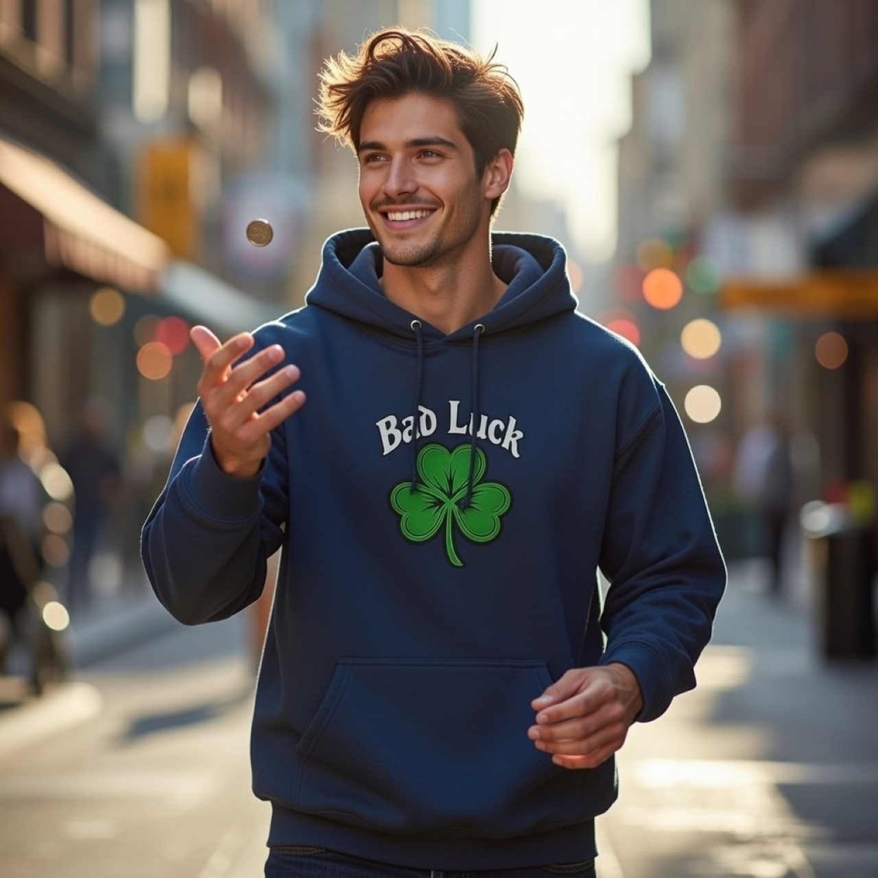 Bad Luck Hoodie – Garment-Dyed Charcoal Pullover with Four-Leaf Clover product thumbnail image Bad Luck Hoodie – Garment-Dyed Charcoal Pullover with Four-Leaf Clover product thumbnail image
