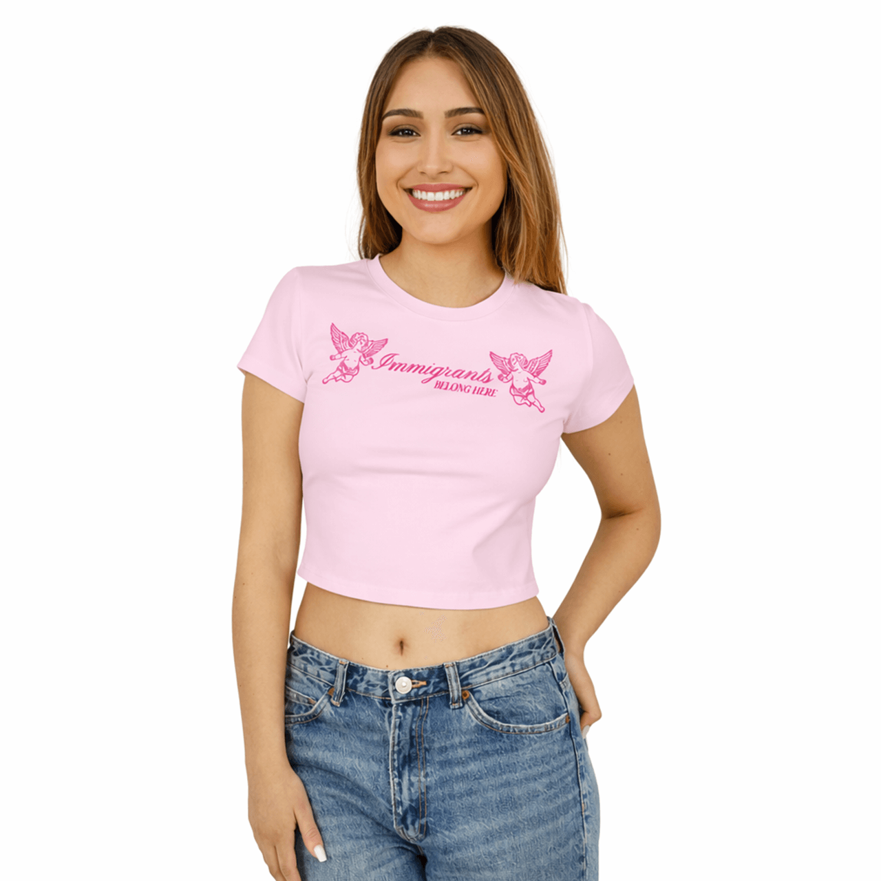 Immigrants Belong Here - Women's Baby Tee product thumbnail image Immigrants Belong Here - Women's Baby Tee product thumbnail image