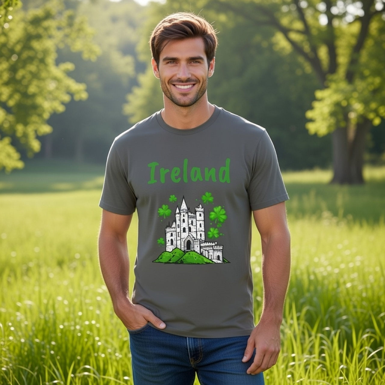 Ireland Castle Shirt – Garment-Dyed T-Shirt with Abbey &amp; Shamrock Illustration product thumbnail image