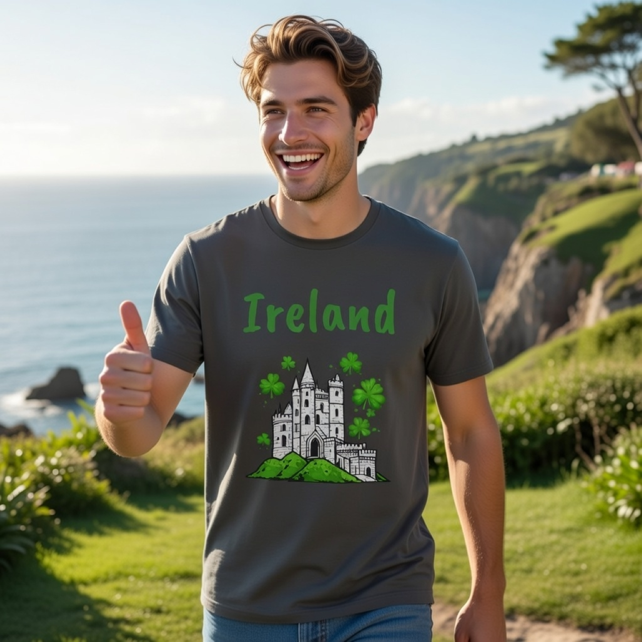 Ireland Castle Shirt – Garment-Dyed T-Shirt with Abbey &amp; Shamrock Illustration