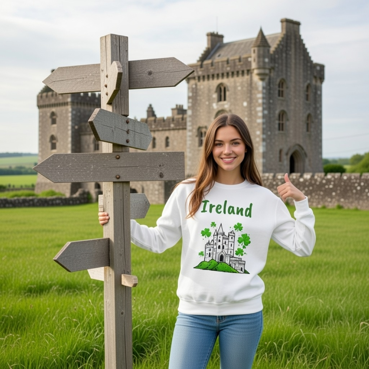 Ireland Castle Sweatshirt – Garment-Dyed Medium-Weight Pullover with Abbey &amp; Shamrock Design product thumbnail image