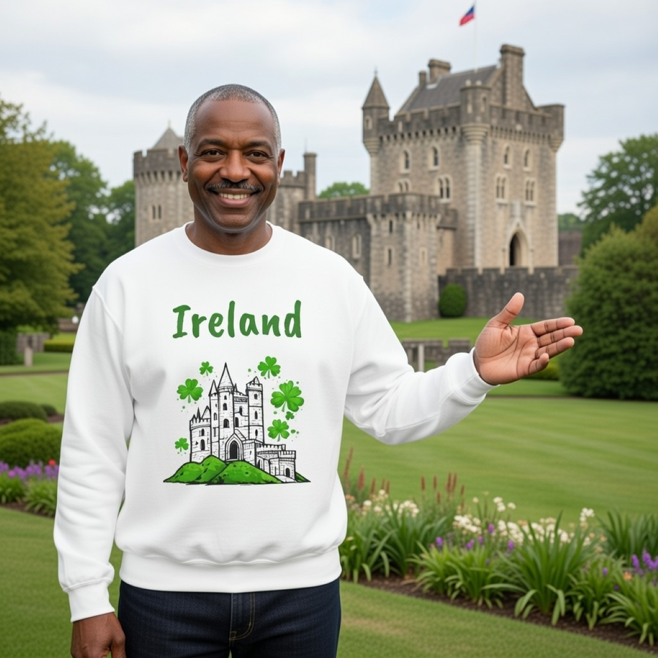 Ireland Castle Sweatshirt – Garment-Dyed Medium-Weight Pullover with Abbey &amp; Shamrock Design