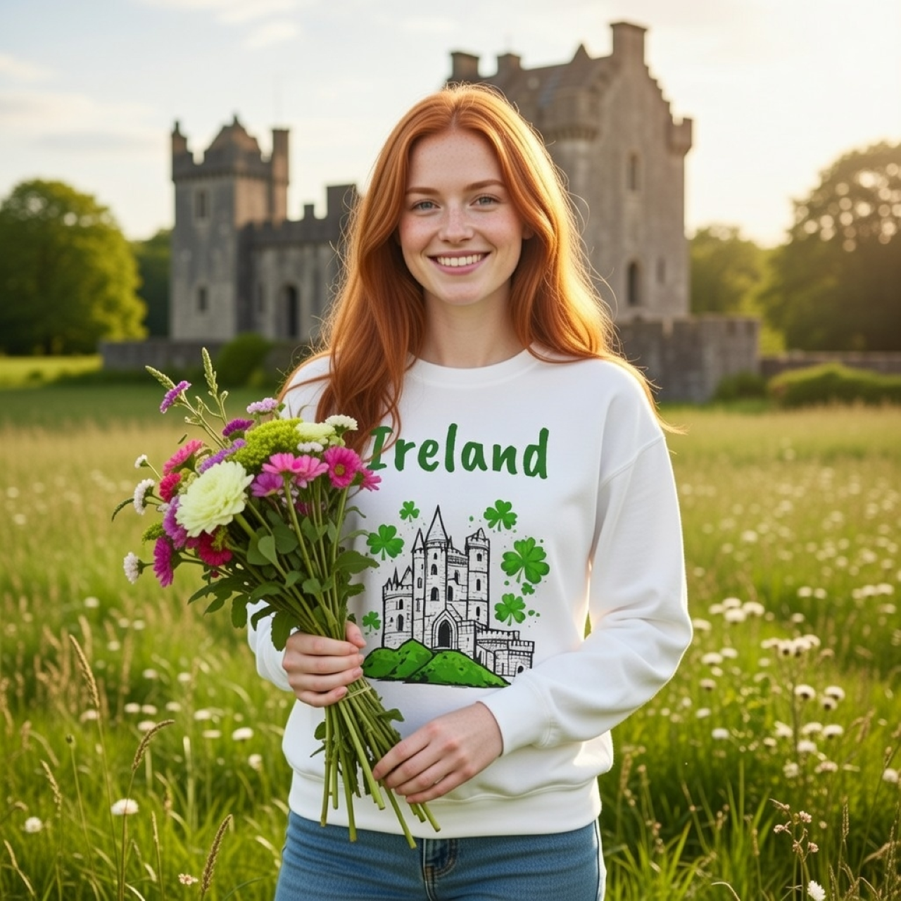 Ireland Castle Sweatshirt – Garment-Dyed Medium-Weight Pullover with Abbey & Shamrock Design product thumbnail image Ireland Castle Sweatshirt – Garment-Dyed Medium-Weight Pullover with Abbey & Shamrock Design product thumbnail image