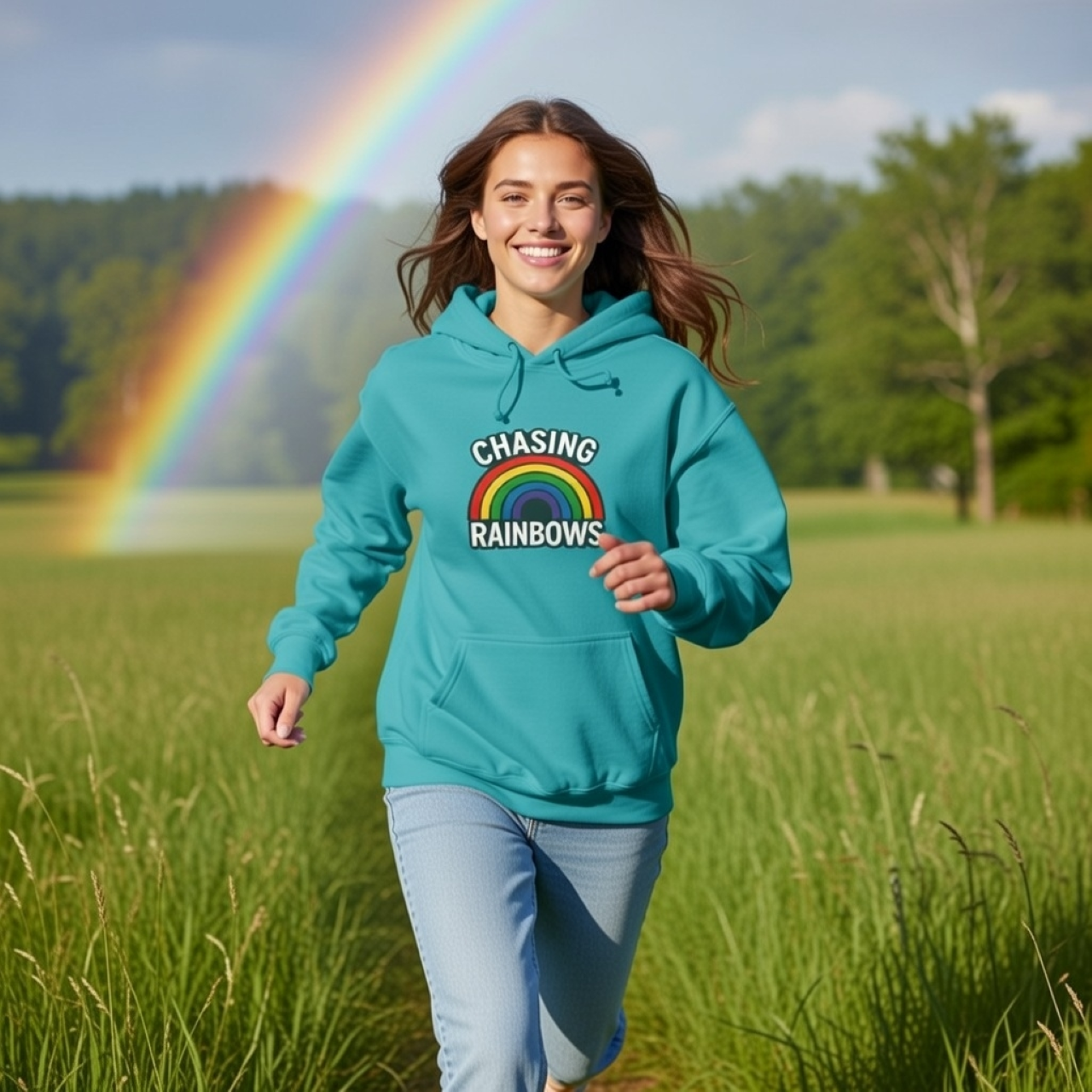 Chasing Rainbows Hoodie – Garment-Dyed Heavyweight Pullover with Rainbow Graphic