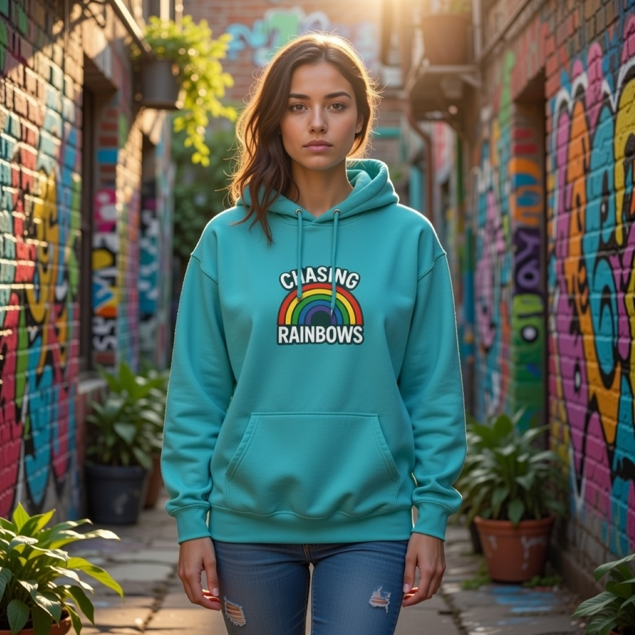 Chasing Rainbows Hoodie – Garment-Dyed Heavyweight Pullover with Rainbow Graphic product thumbnail image Chasing Rainbows Hoodie – Garment-Dyed Heavyweight Pullover with Rainbow Graphic product thumbnail image