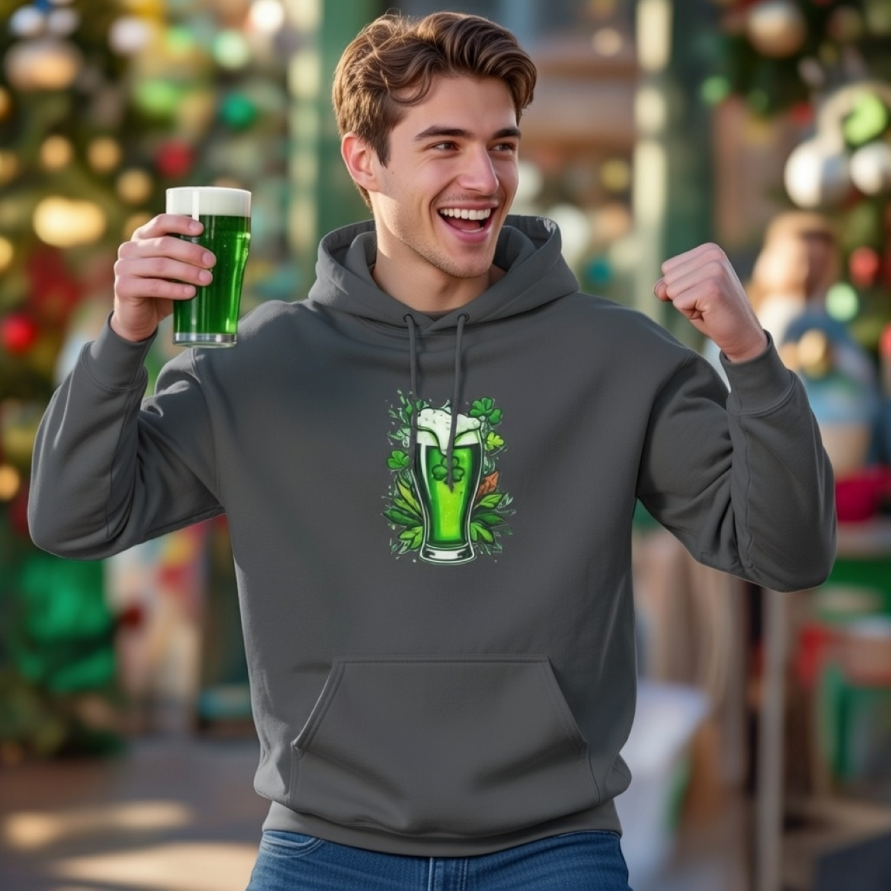 St. Patrick's Day Green Beer Hoodie – Garment-Dyed Botanical Graphic Pullover product thumbnail image