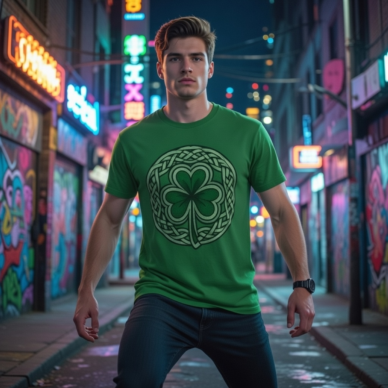 Celtic Shamrock T-Shirt – Garment-Dyed Celtic Knot &amp; Four-Leaf Clover Tee product thumbnail image