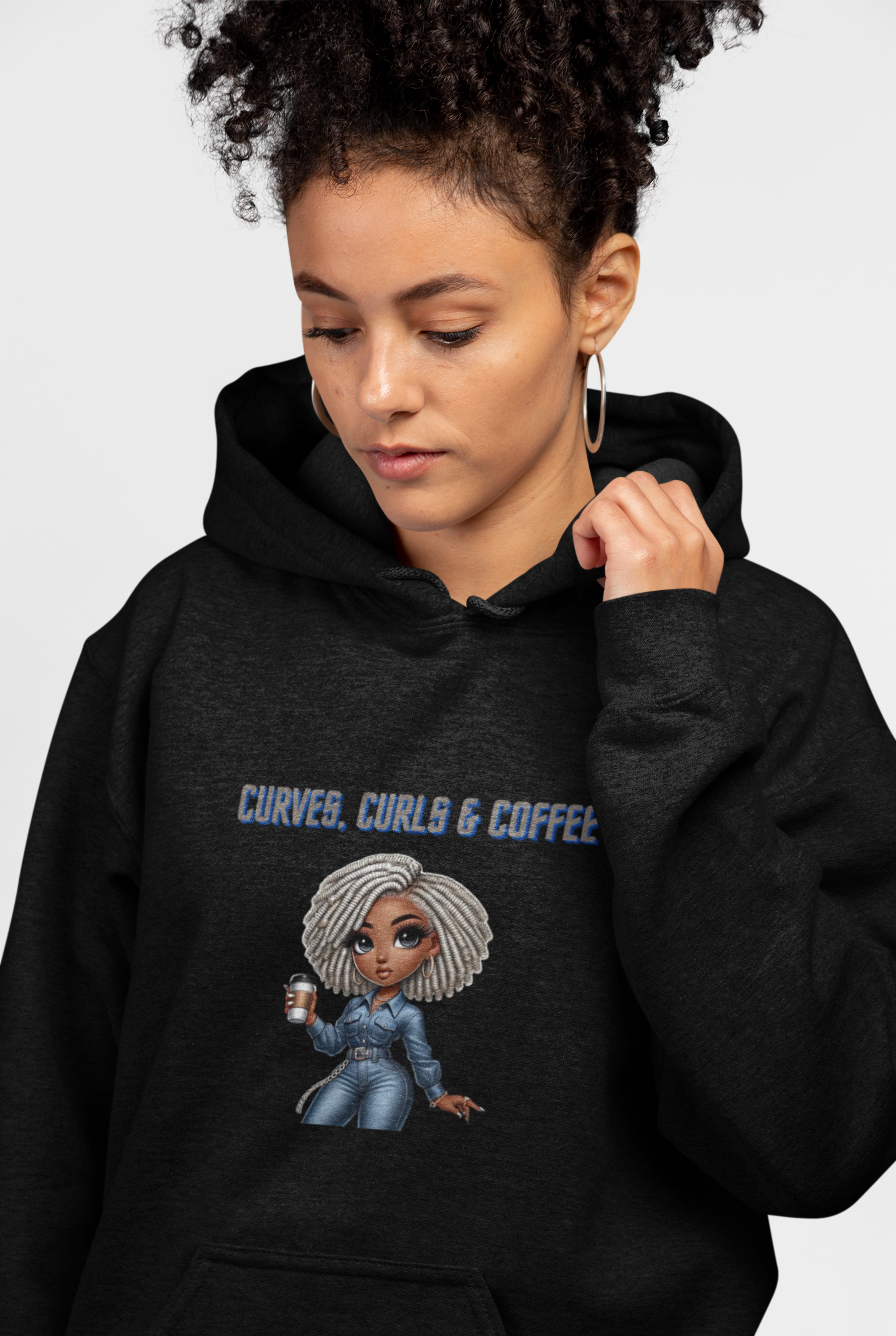 Curves, Curls & Coffee Hoodie — Cozy Afro Hair Graphic Sweatshirt product thumbnail image Curves, Curls & Coffee Hoodie — Cozy Afro Hair Graphic Sweatshirt product thumbnail image