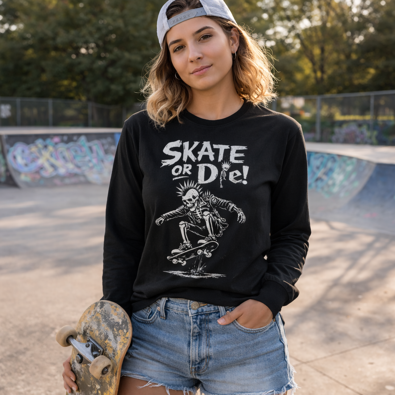Skate or Die! Skeleton Skateboarder Long Sleeve Tee product thumbnail image Skate or Die! Skeleton Skateboarder Long Sleeve Tee product thumbnail image