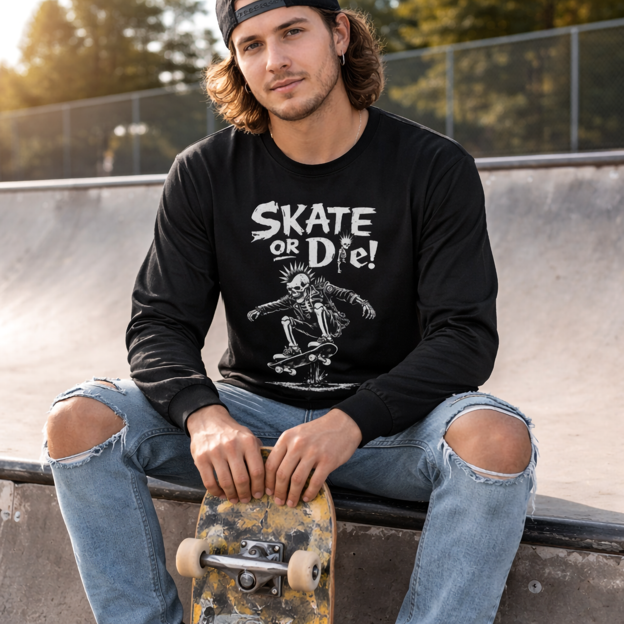 Skate or Die! Skeleton Skateboarder Long Sleeve Tee product thumbnail image