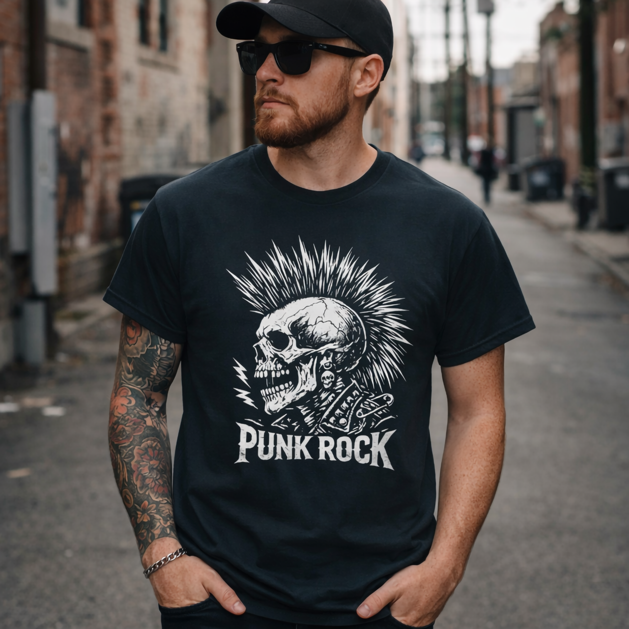 Punk Rock Skull T-Shirt — Mohawk Guitar Skull Graphic Tee product thumbnail image