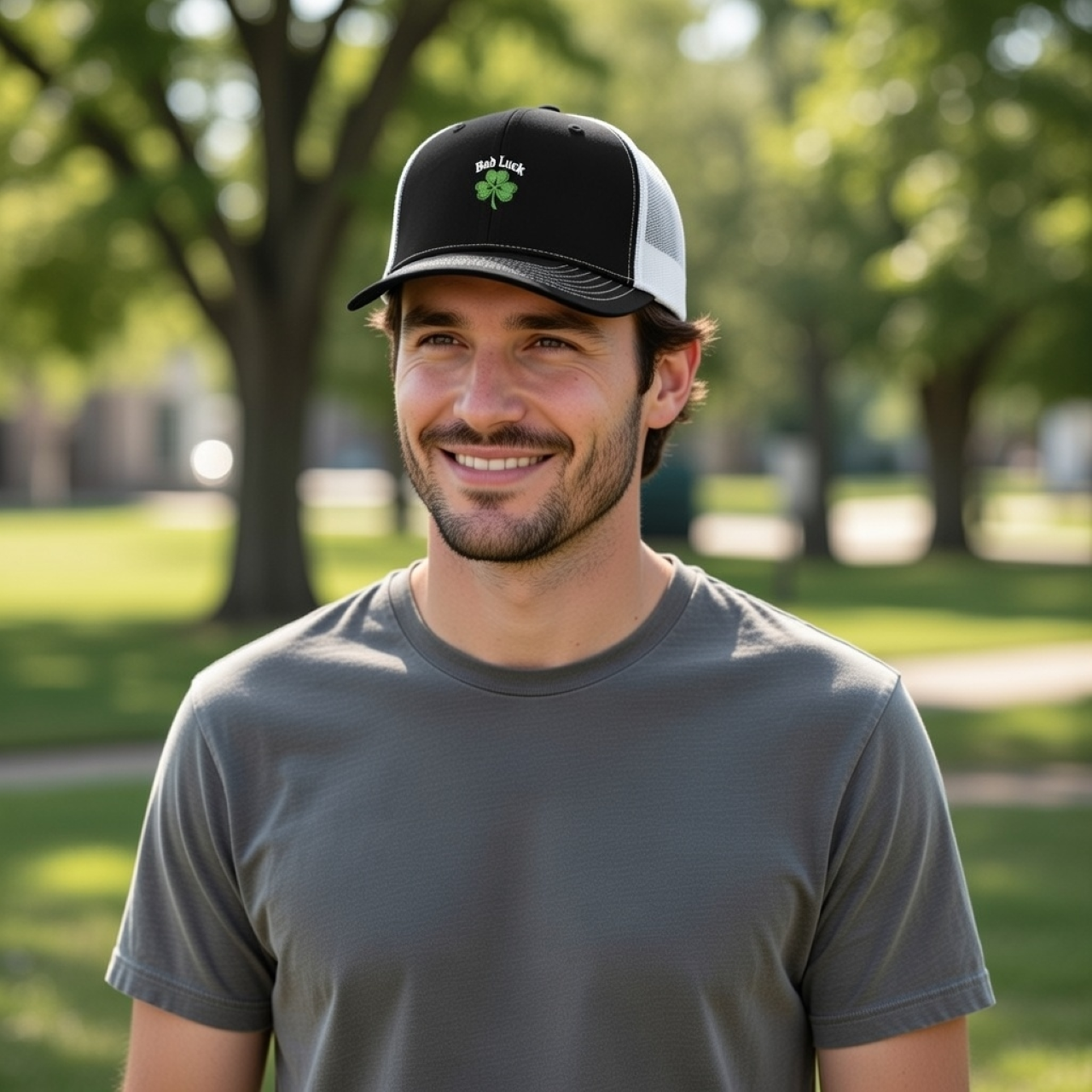 Bad Luck Trucker Hat – Embroidered Four-Leaf Clover &amp; Script Cap product thumbnail image