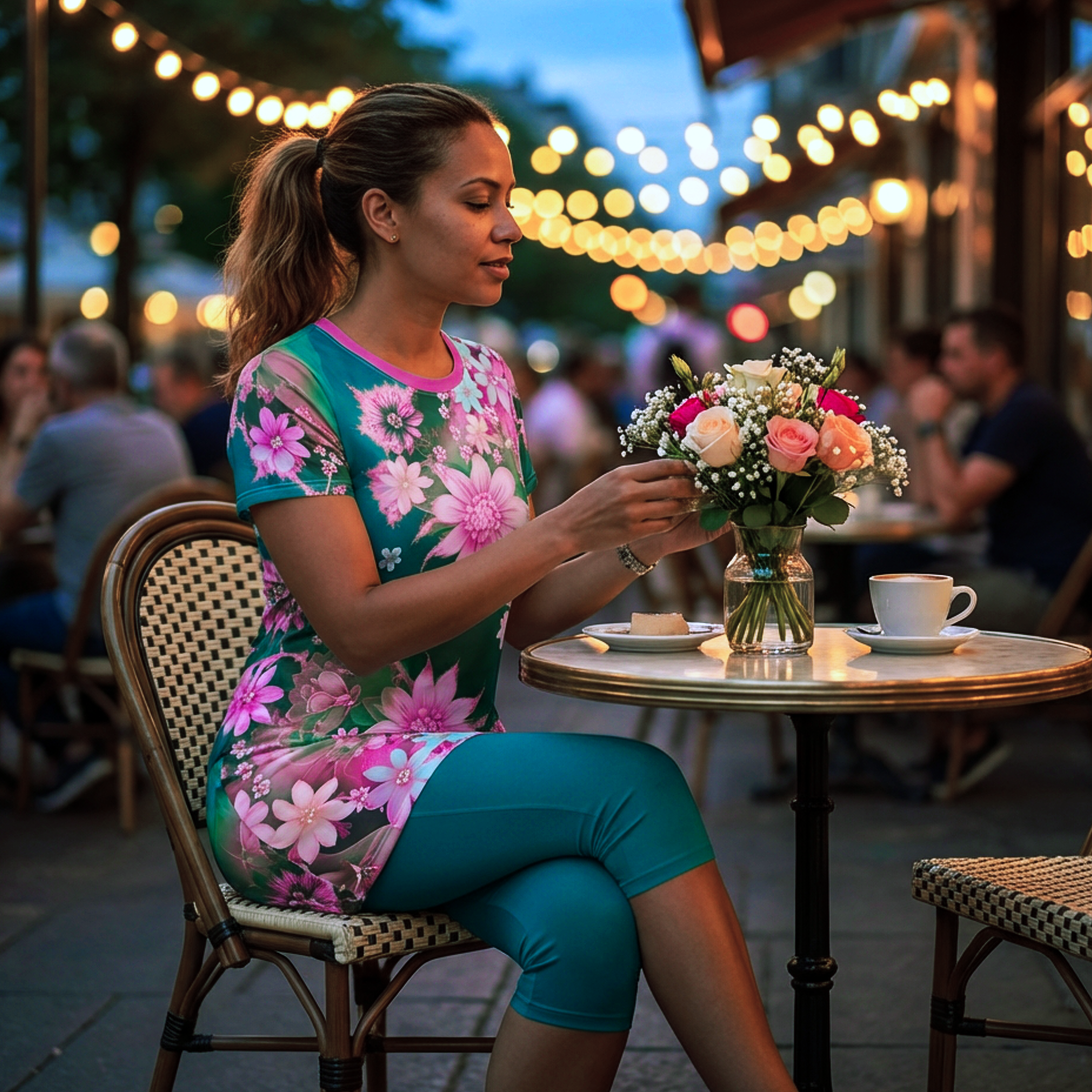 Floral All-Over Print T-Shirt Dress — Pink Blossoms on Teal product thumbnail image Floral All-Over Print T-Shirt Dress — Pink Blossoms on Teal product thumbnail image