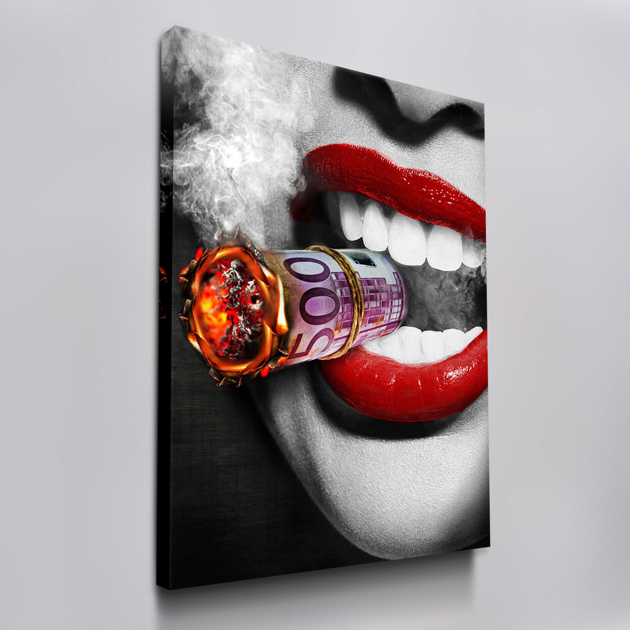 Canvas Art: Red Lips Smoking Money — Modern Pop Art Wall Decor product thumbnail image