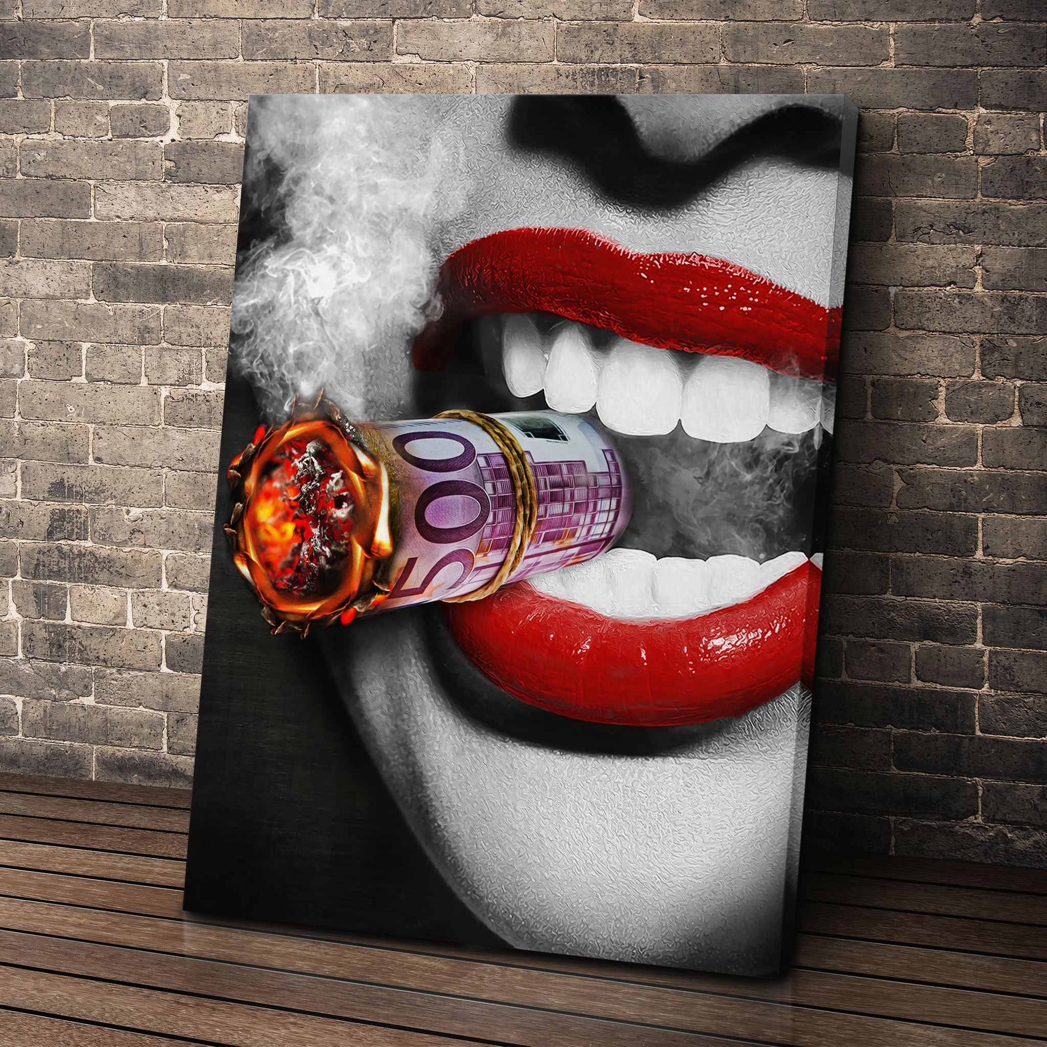Canvas Art: Red Lips Smoking Money — Modern Pop Art Wall Decor