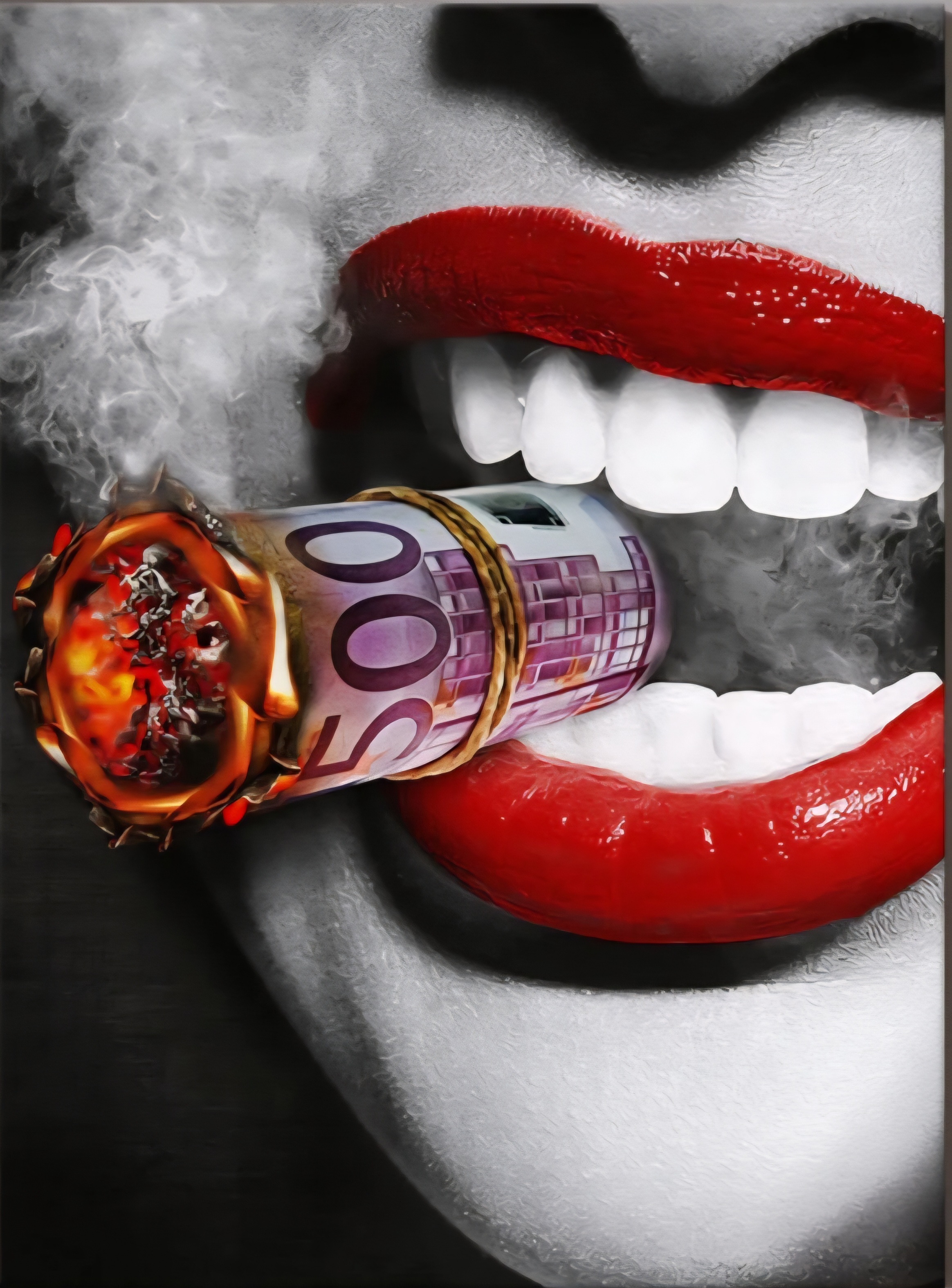 Canvas Art: Red Lips Smoking Money — Modern Pop Art Wall Decor product thumbnail image