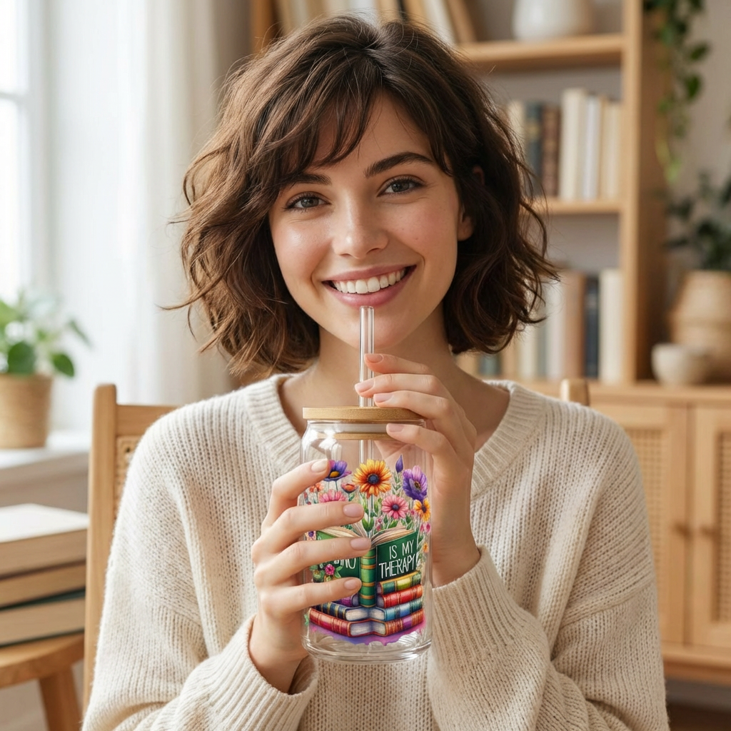 Reading Is My Therapy, Garden Aesthetic, Floral Book Stack, Wildflower Glass, Bookish Gift Idea, Libbey Glass Can, Mental Health Gift, Botan product thumbnail image