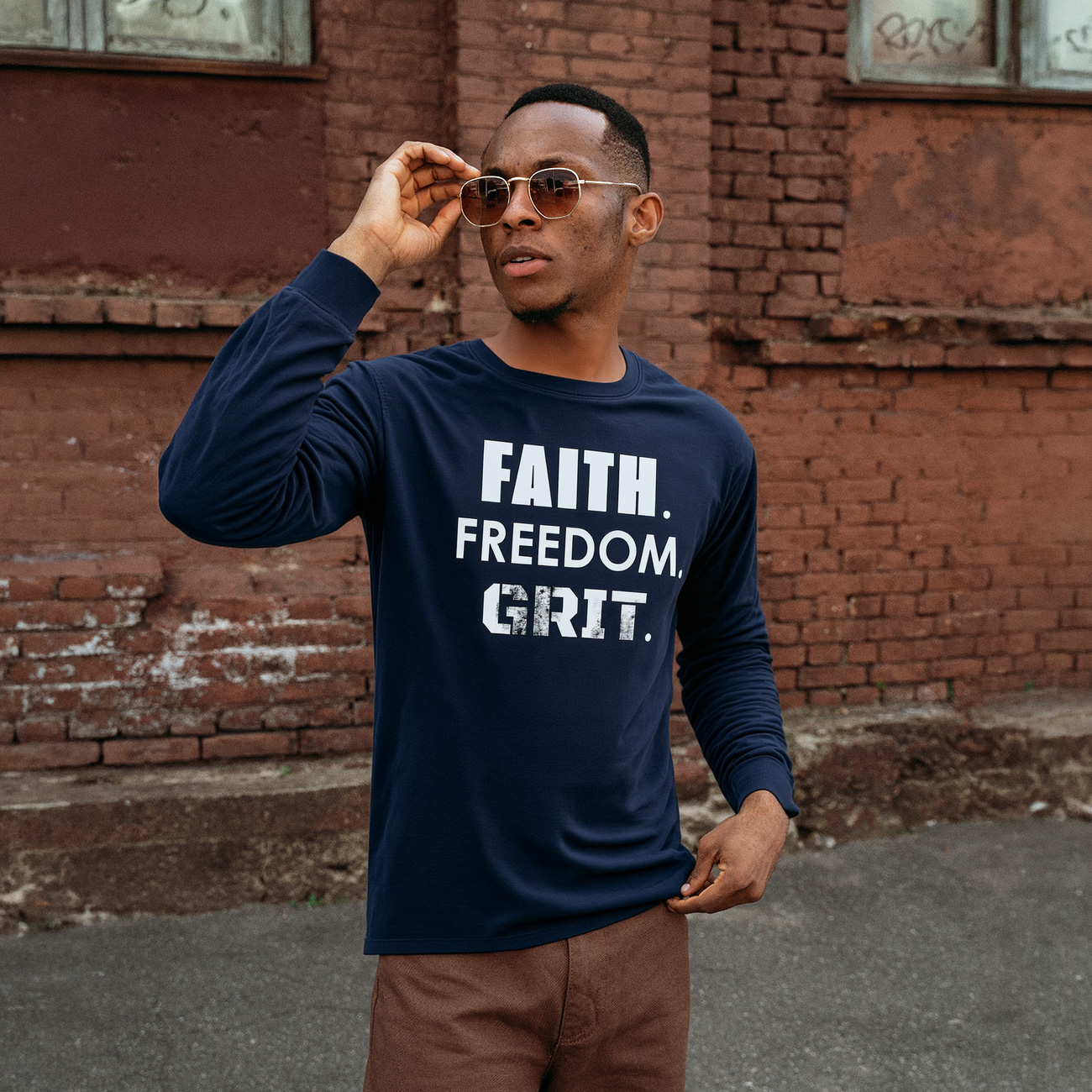 Long Sleeve Tee — "Faith. Freedom. Grit." Bold Inspirational Shirt product thumbnail image Long Sleeve Tee — "Faith. Freedom. Grit." Bold Inspirational Shirt product thumbnail image