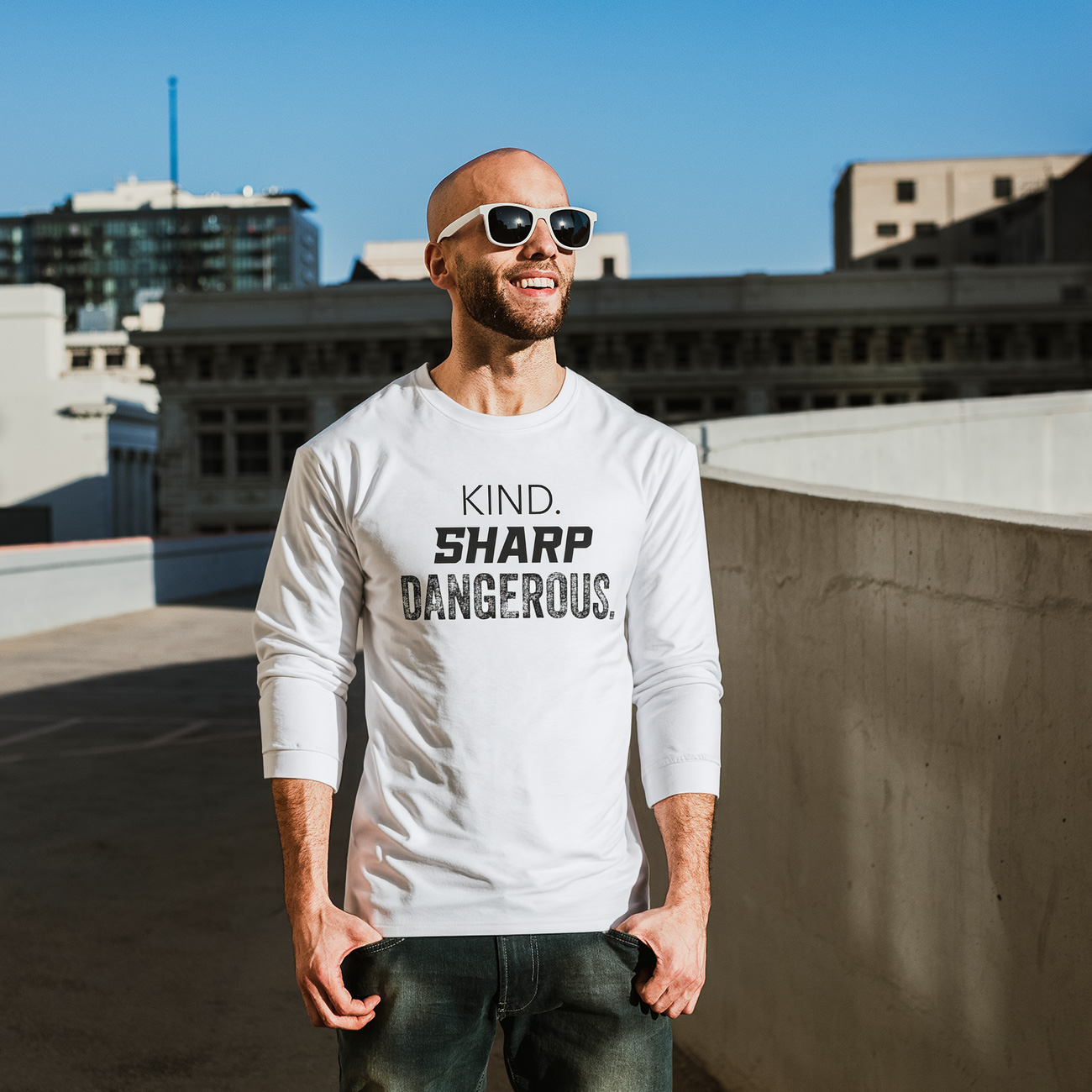 Long Sleeve Tee — "Kind. Sharp. Dangerous." Bold Minimalist Graphic