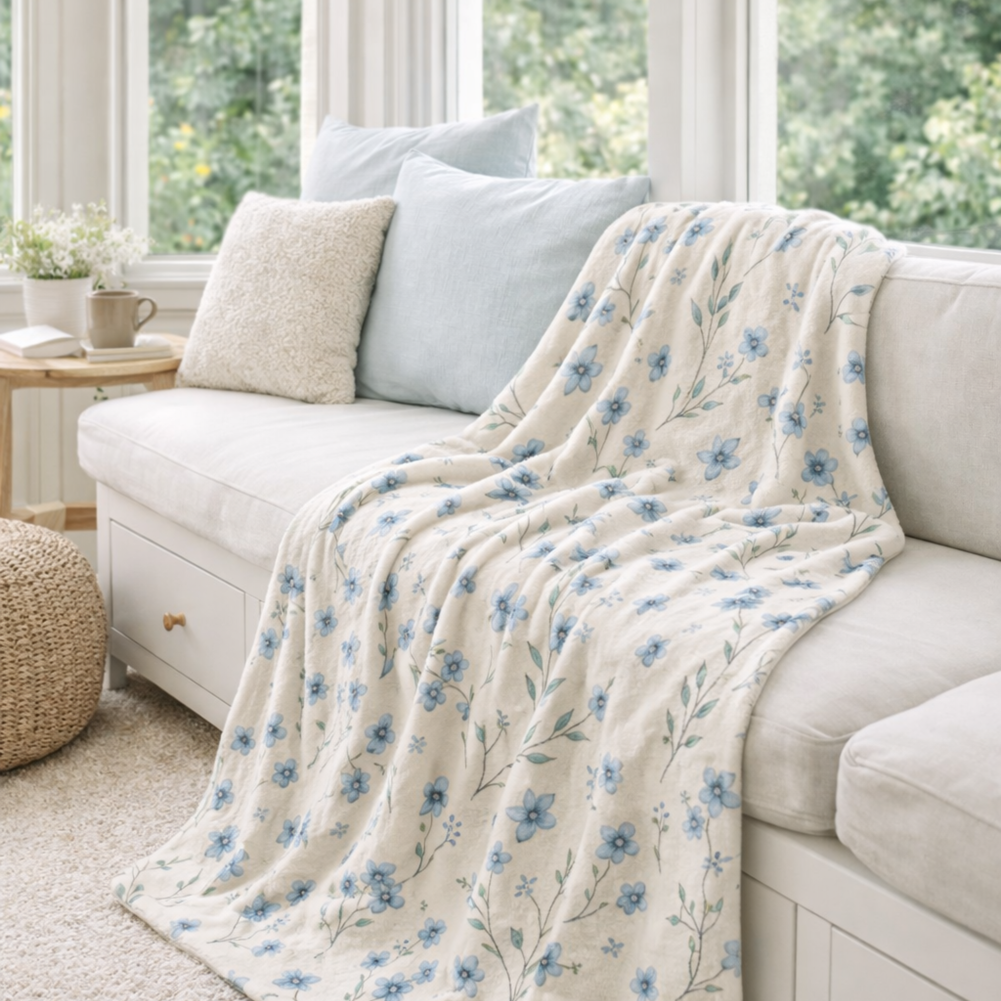Blue Wildflower Neutral Throw Blanket