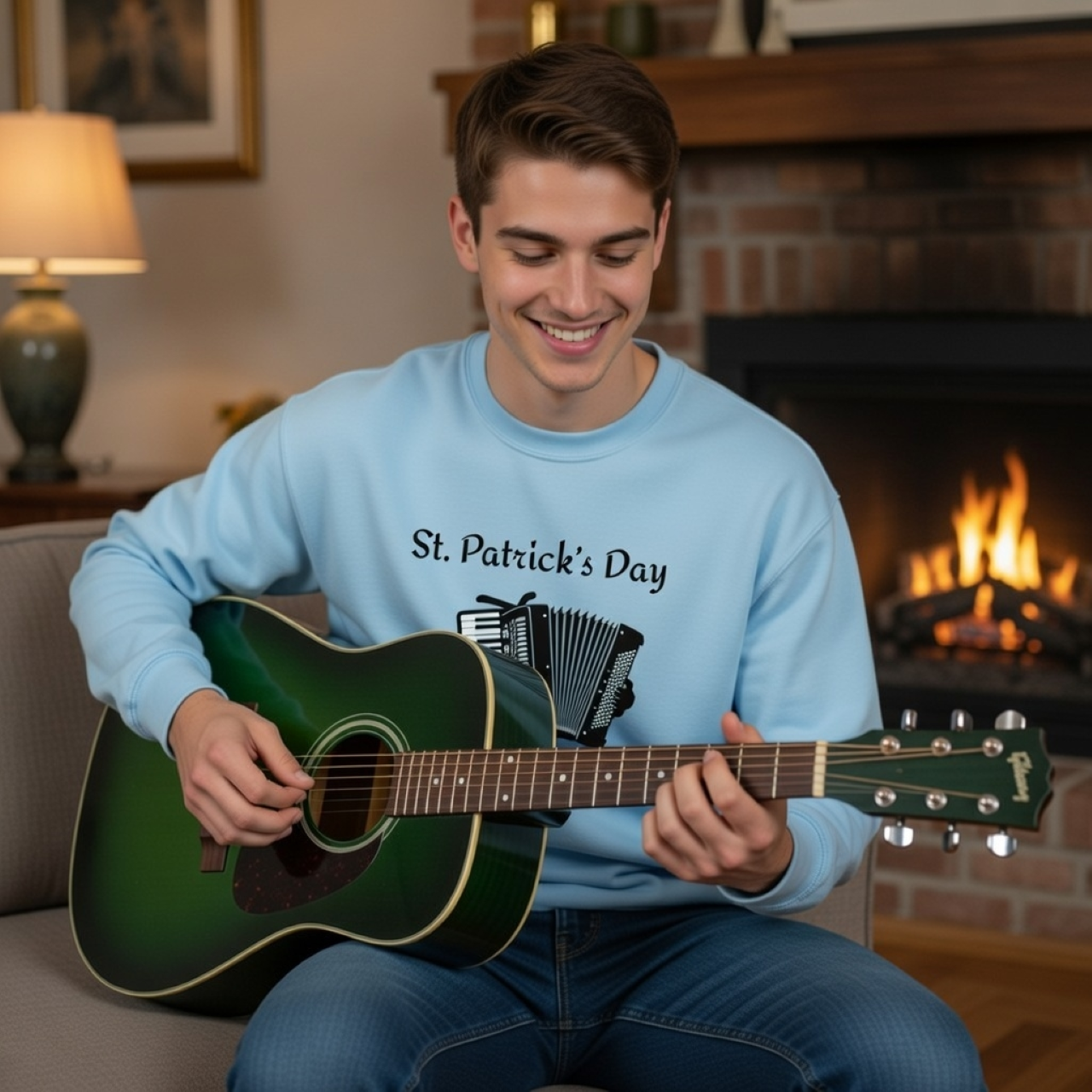 St. Patrick’s Day Music Man Sweatshirt – Irish Music Graphic Crewneck, Relaxed Unisex Pullover