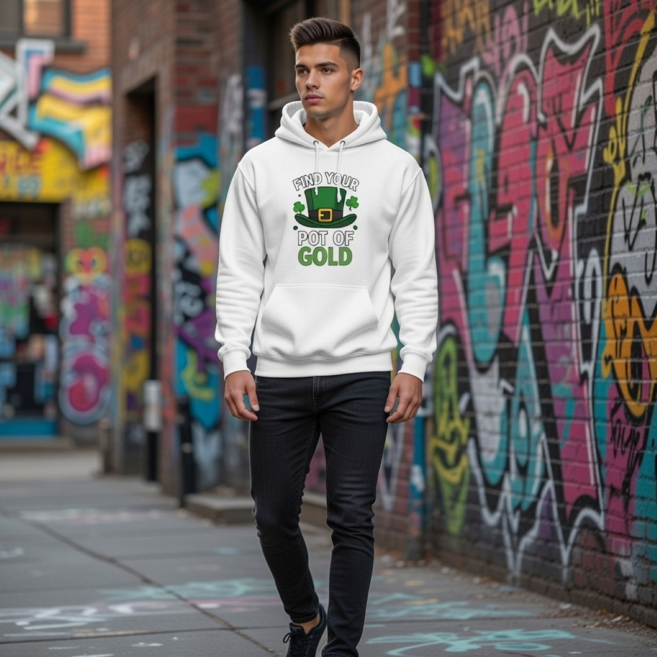 Find Your Pot of Gold Hoodie – Relaxed Garment-Dyed Pullover | Leprechaun &amp; Shamrock Graphic Sweatshirt