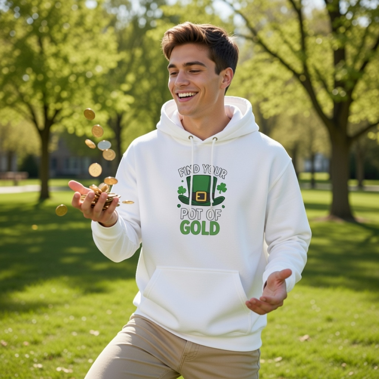 Find Your Pot of Gold Hoodie – Relaxed Garment-Dyed Pullover | Leprechaun &amp; Shamrock Graphic Sweatshirt product thumbnail image