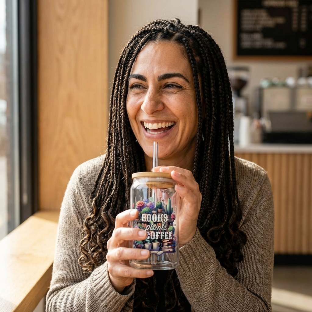 Books, Plants and Coffee Sipper Glass Cup gift for the coffee, book and plant lover product thumbnail image
