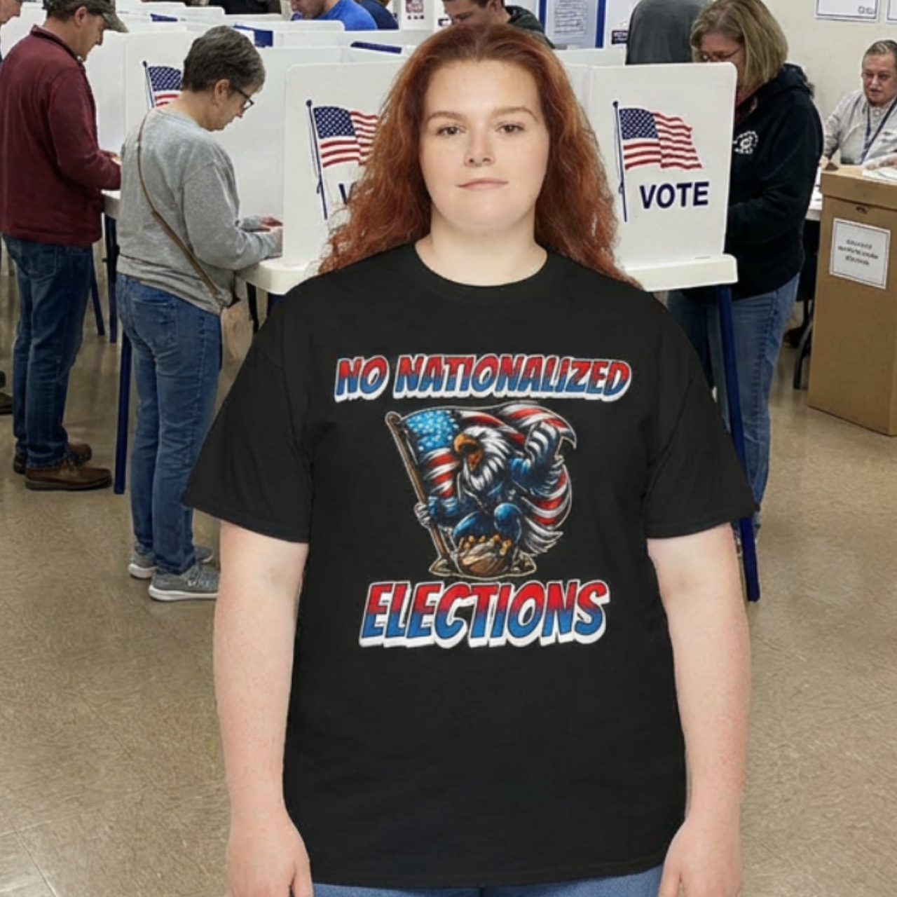 No Nationalized Elections T-Shirt — a Muscular Eagle Mascot Statement Tee product thumbnail image