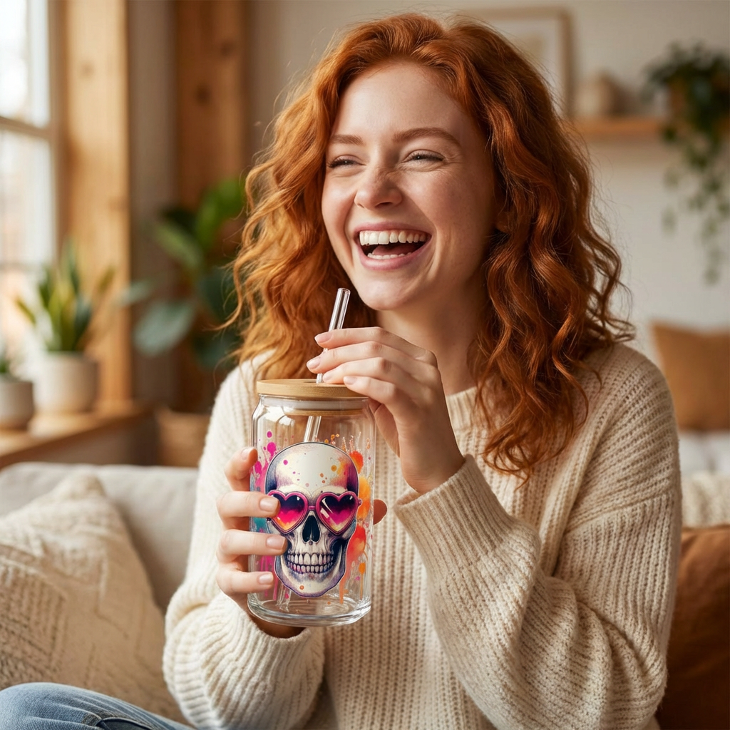 Water color skull with heart glasses sipper cup|coffee lover gift product thumbnail image