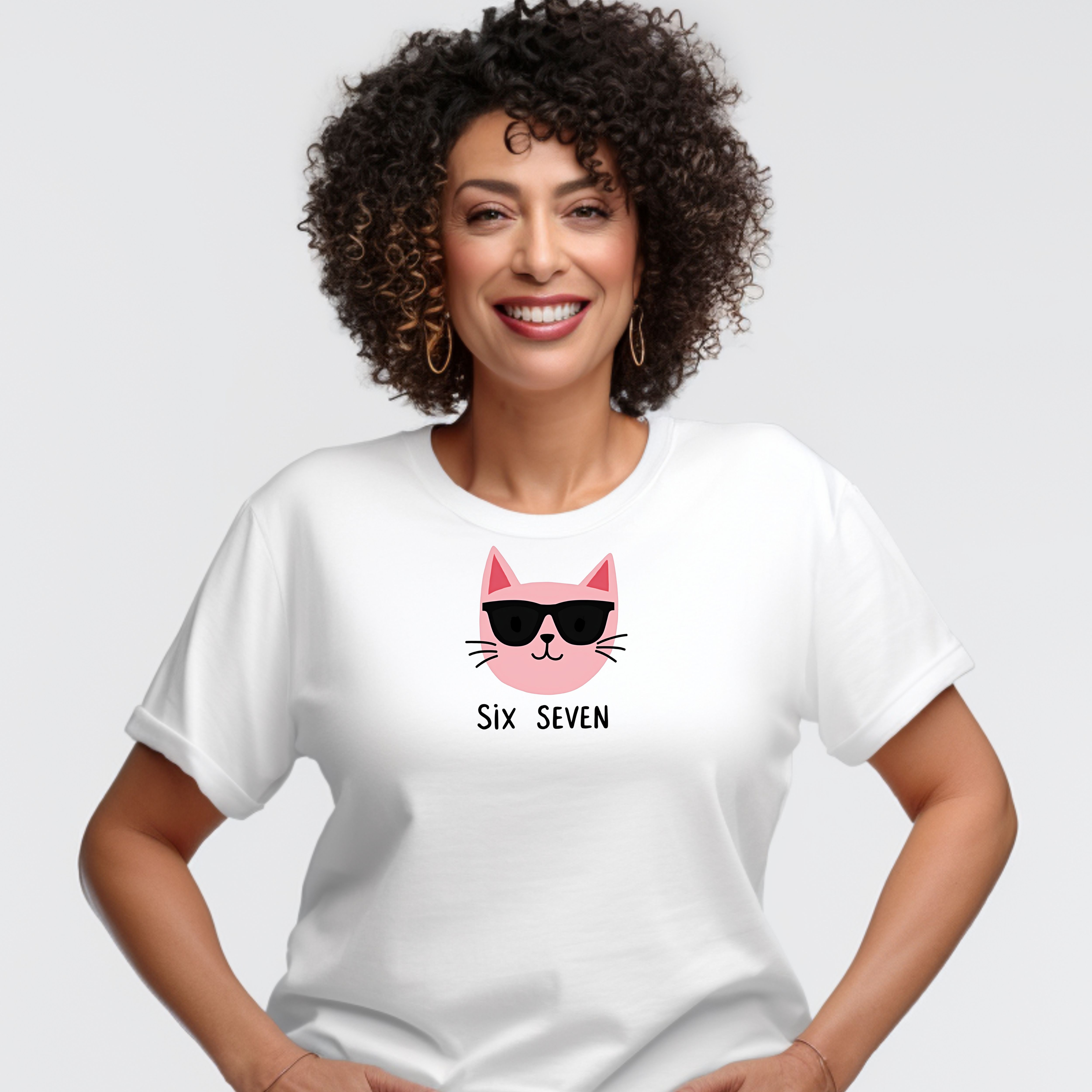 Funny Pink Cat Graphic Tee,  "Six Seven" Shirt Cute Trendy Meme T-Shirt. Cool Kitty Shirt 