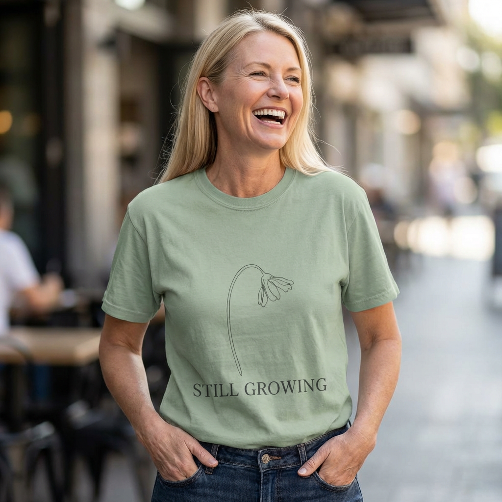Still Growing T-Shirt — Minimal Floral Tee with 'STILL GROWING' Quote product thumbnail image Still Growing T-Shirt — Minimal Floral Tee with 'STILL GROWING' Quote product thumbnail image