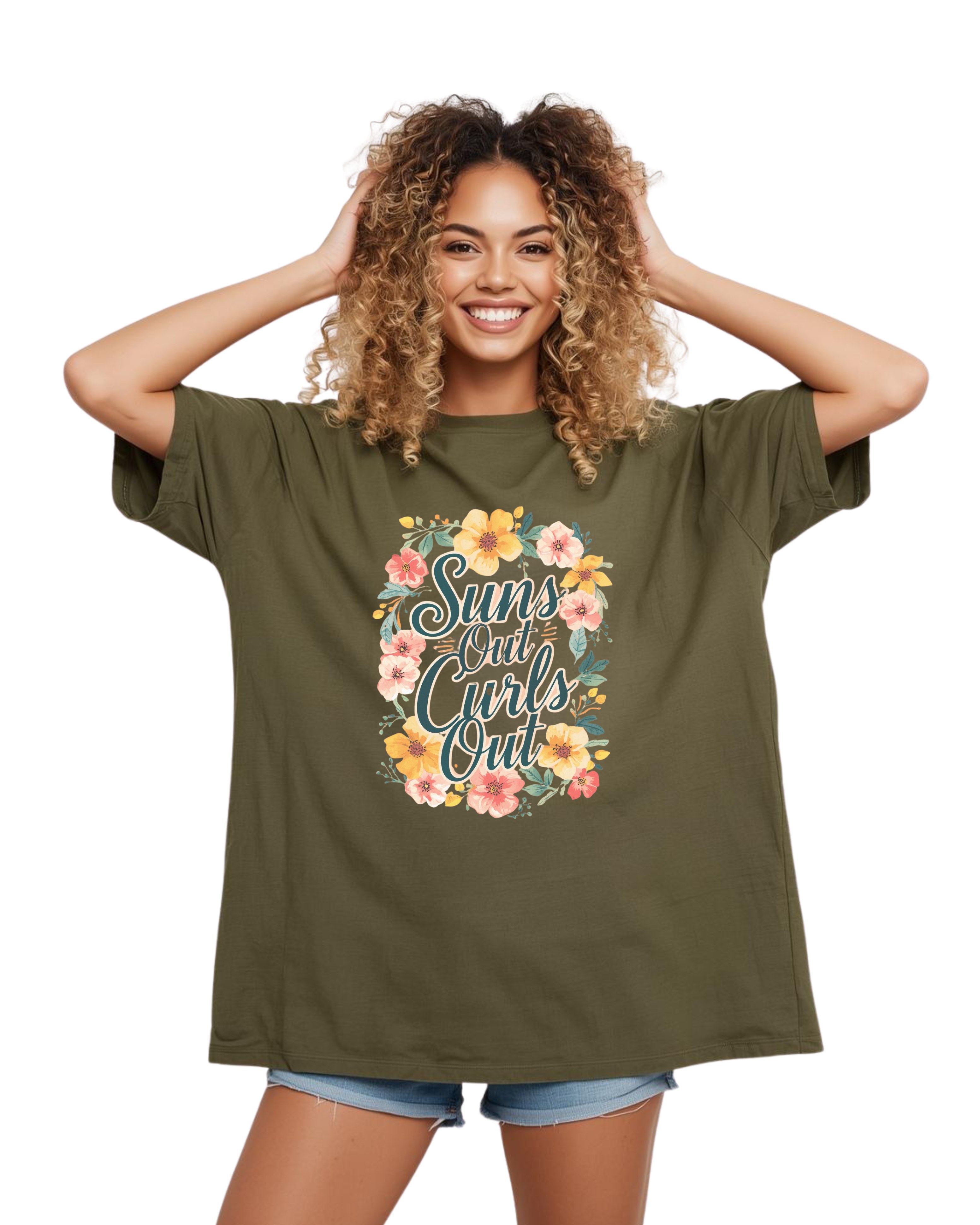 Sprint Collection Floral "Suns Out Curls Out" Cute Colorful Black Woman Curly Hair Appreciation Soft Graphic Tee product thumbnail image Sprint Collection Floral "Suns Out Curls Out" Cute Colorful Black Woman Curly Hair Appreciation Soft Graphic Tee product thumbnail image