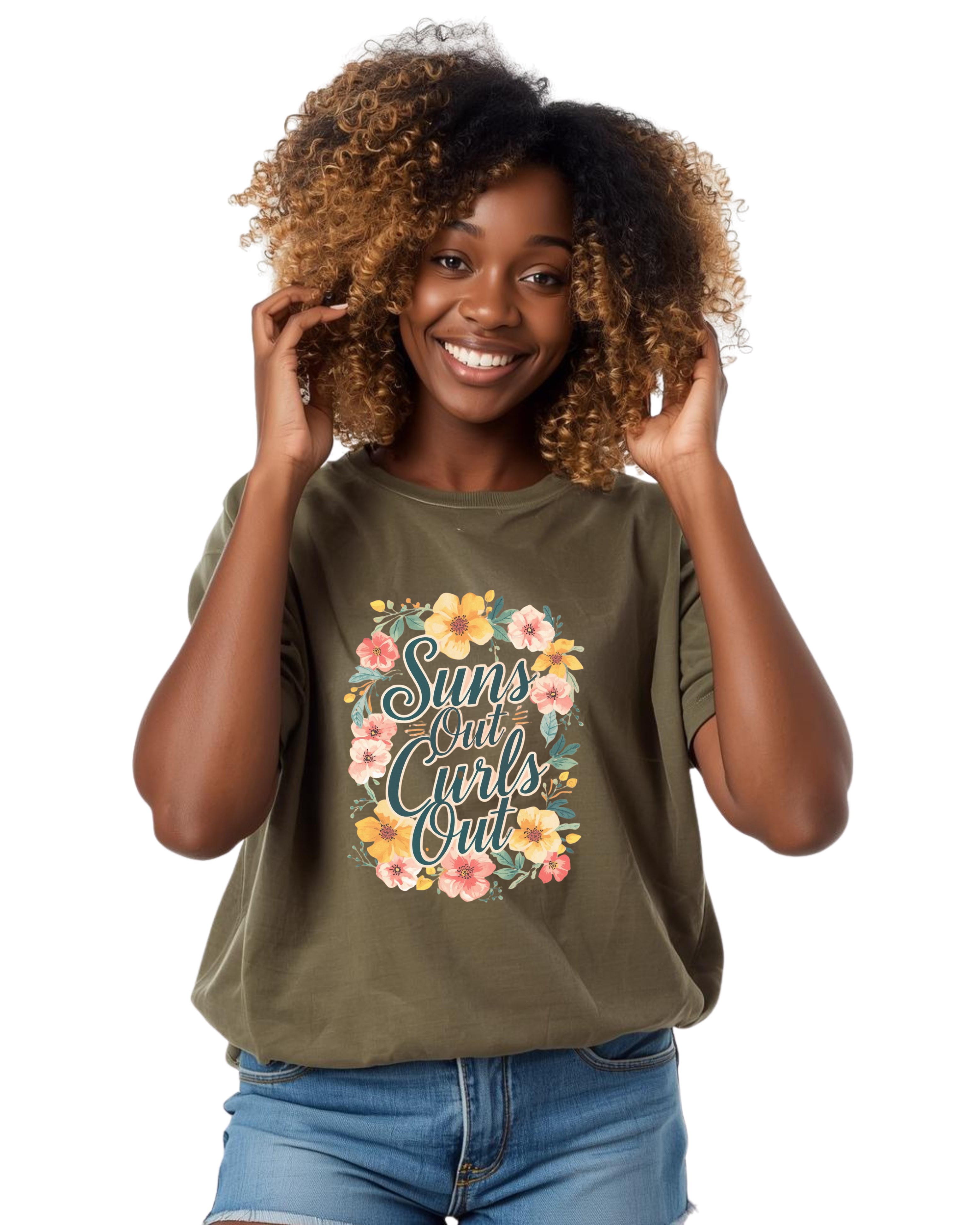 Sprint Collection Floral "Suns Out Curls Out" Cute Colorful Black Woman Curly Hair Appreciation Soft Graphic Tee product thumbnail image