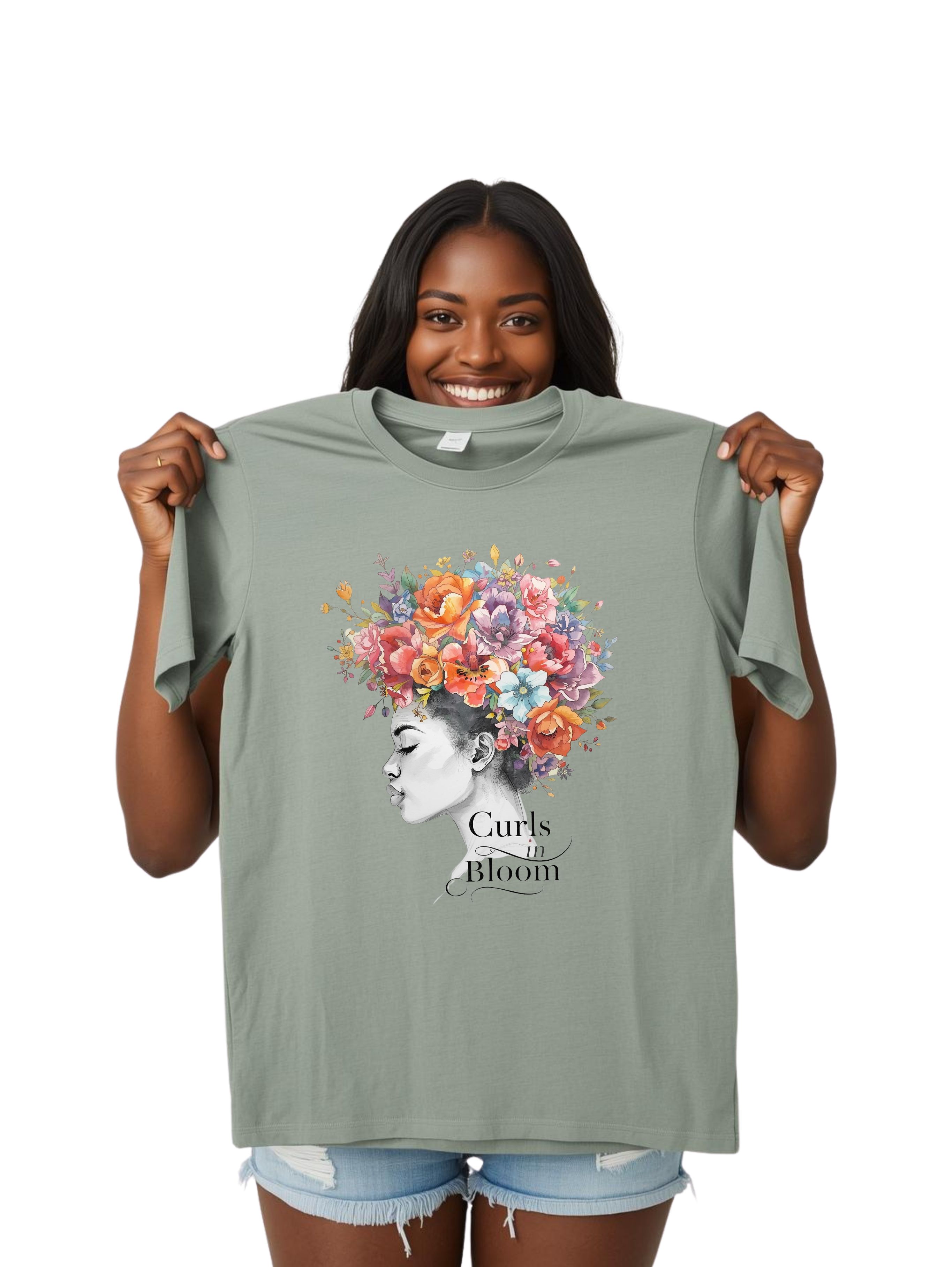 Sprint Collection "Curls in Bloom" Cute Colorful Black Woman Curly Hair Floral Soft Graphic Tee product thumbnail image