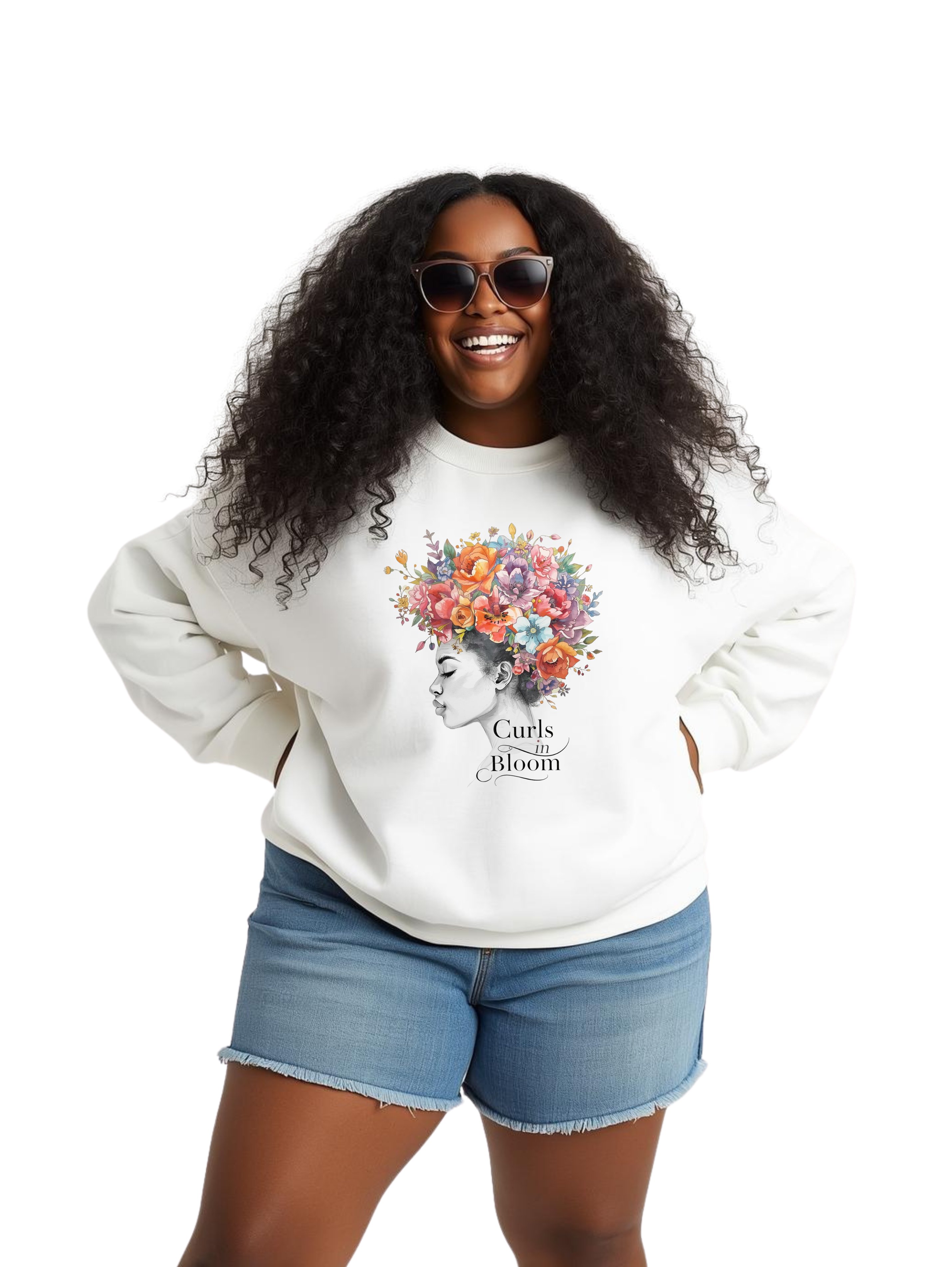 Spring Sweatshirt Collection "Curls in Bloom" Cute Colorful Woman Curly Hair Floral Crewneck Pullover product thumbnail image