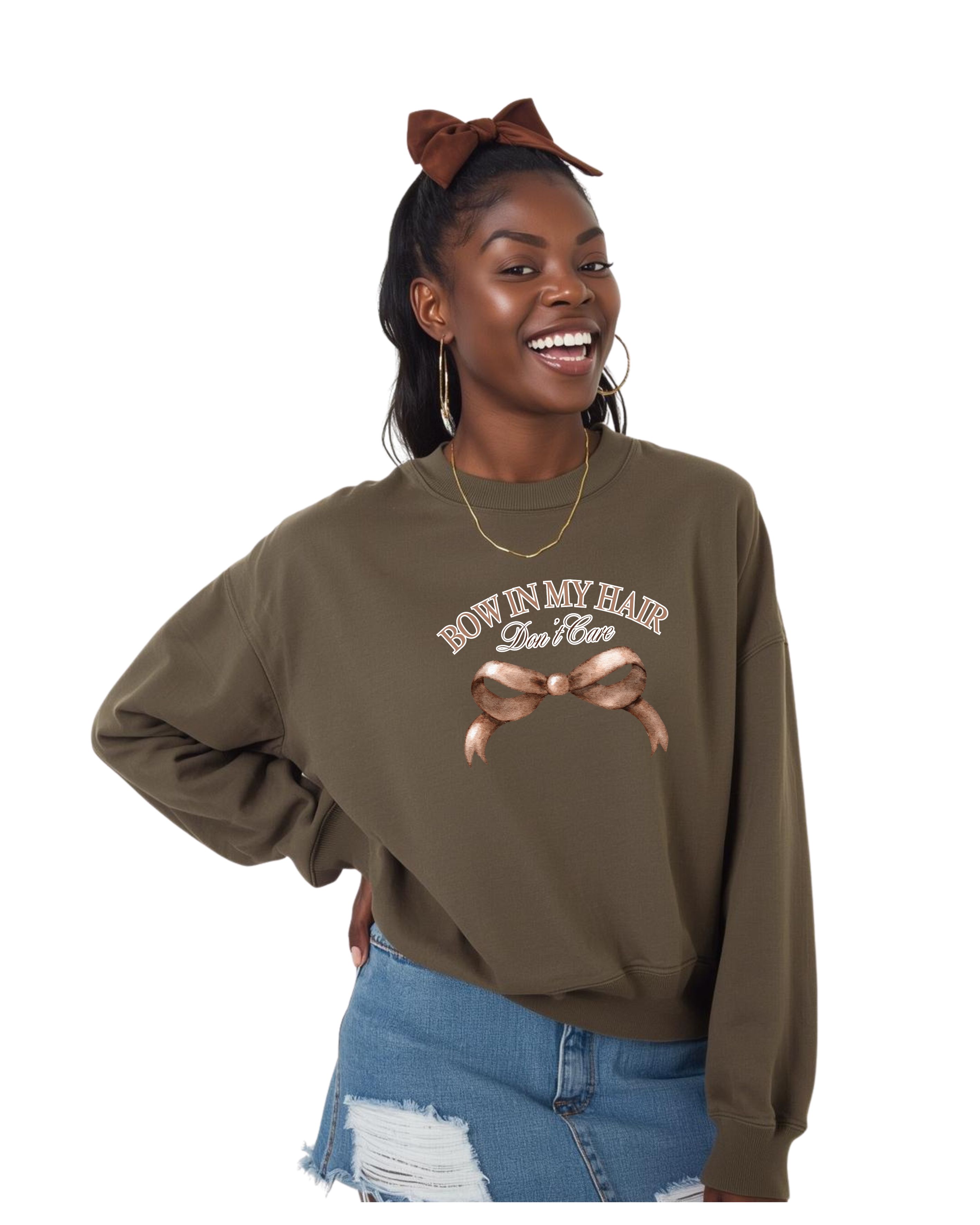 Cute "Bow in My Hair Don't Care" Ribbon Graphic Sweatshirt for All Hair Types product thumbnail image Cute "Bow in My Hair Don't Care" Ribbon Graphic Sweatshirt for All Hair Types product thumbnail image