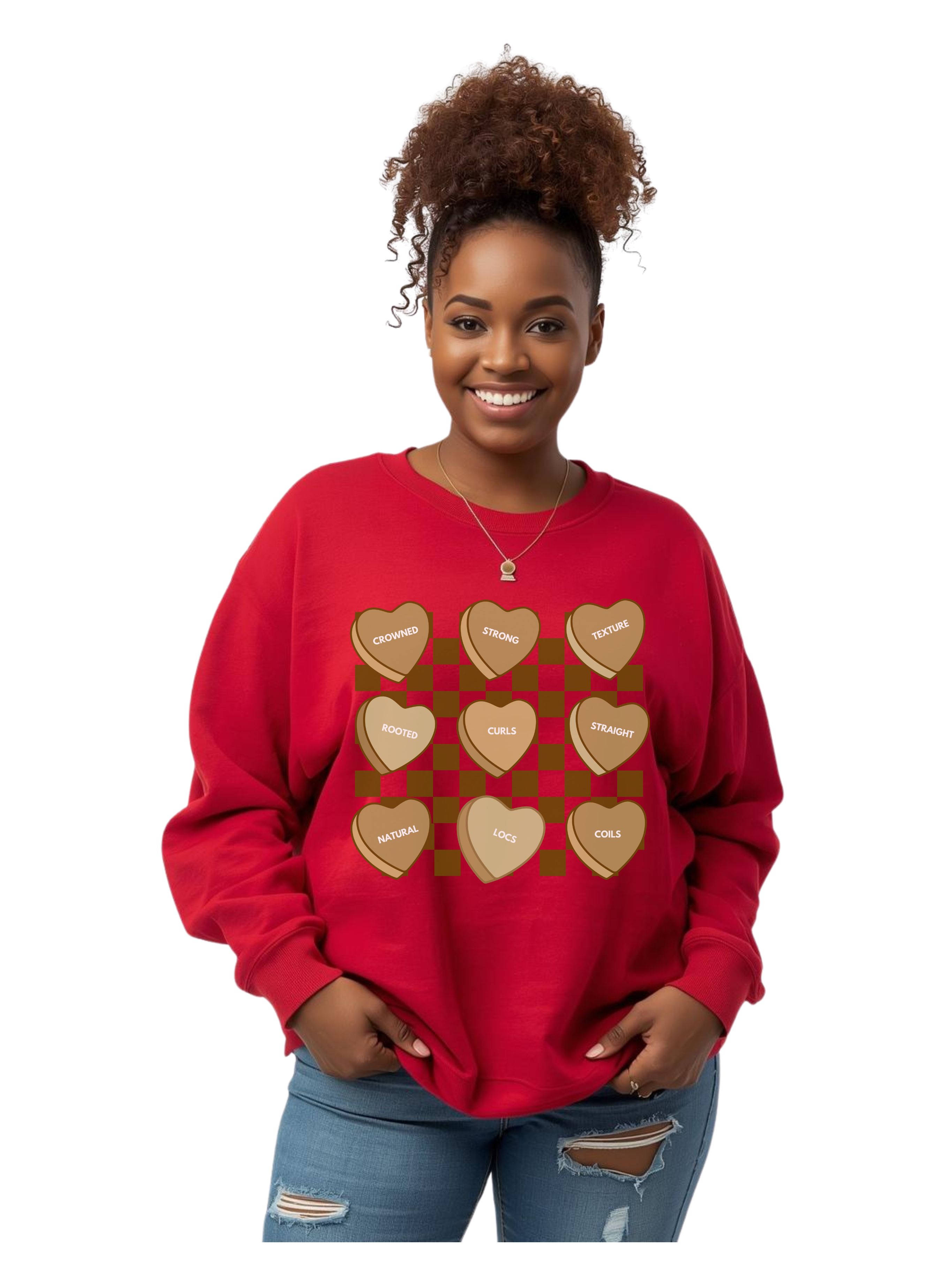 Black Girl Hair Types Checkerboard Candy Hearts Valentine’s Graphic Pull Over Sweatshirt product thumbnail image