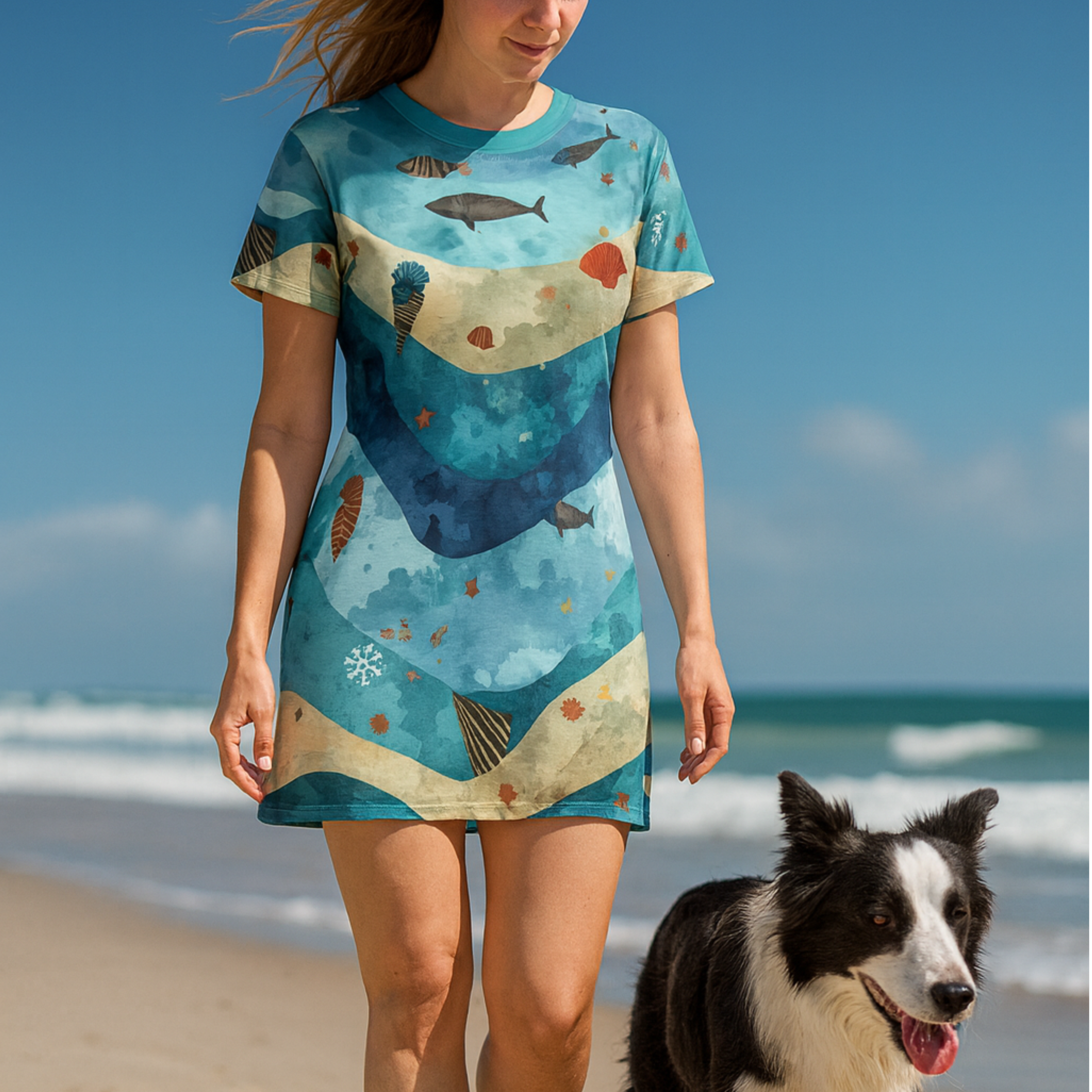 Ocean Waves Fish Print T-Shirt Dress — Beachy All-Over-Print Summer Dress