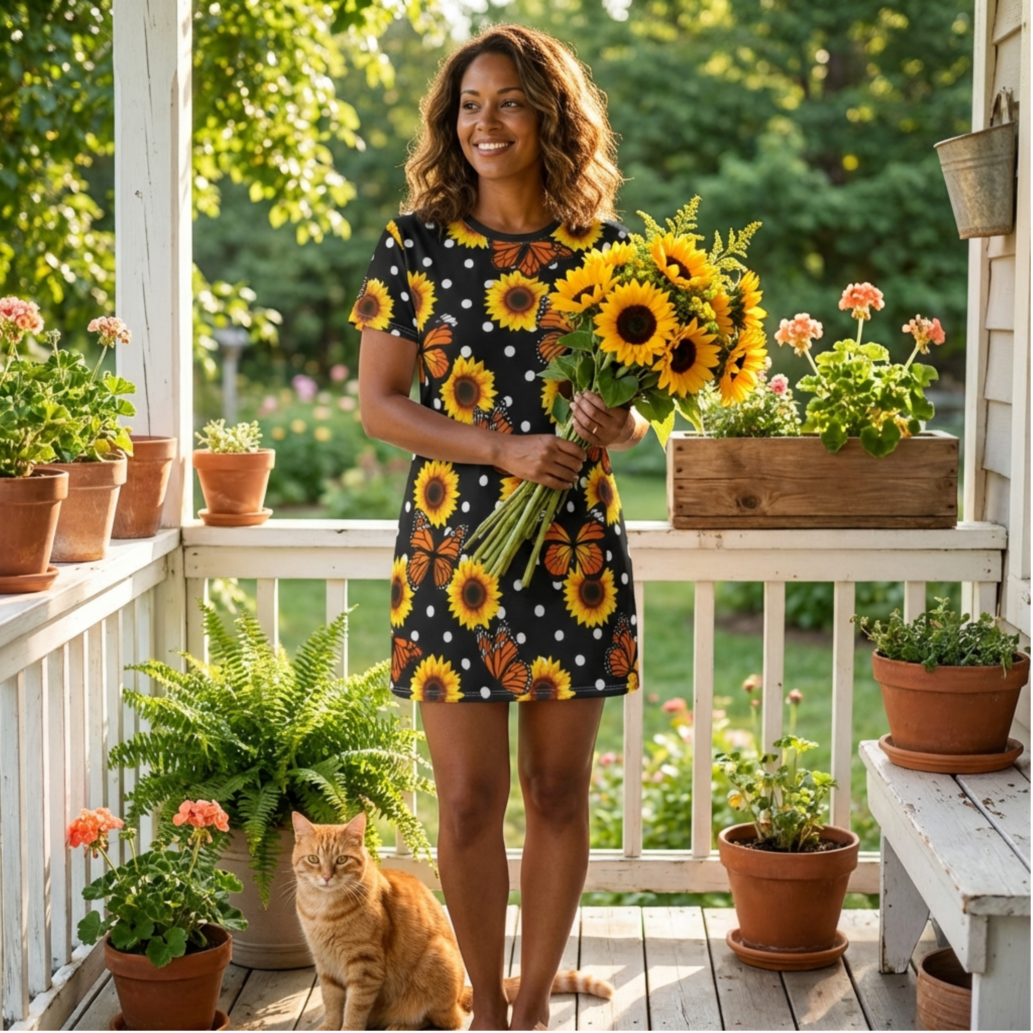 Sunflower & Monarch Butterfly T-Shirt Dress — Polka Dot AOP Summer Dress product thumbnail image Sunflower & Monarch Butterfly T-Shirt Dress — Polka Dot AOP Summer Dress product thumbnail image