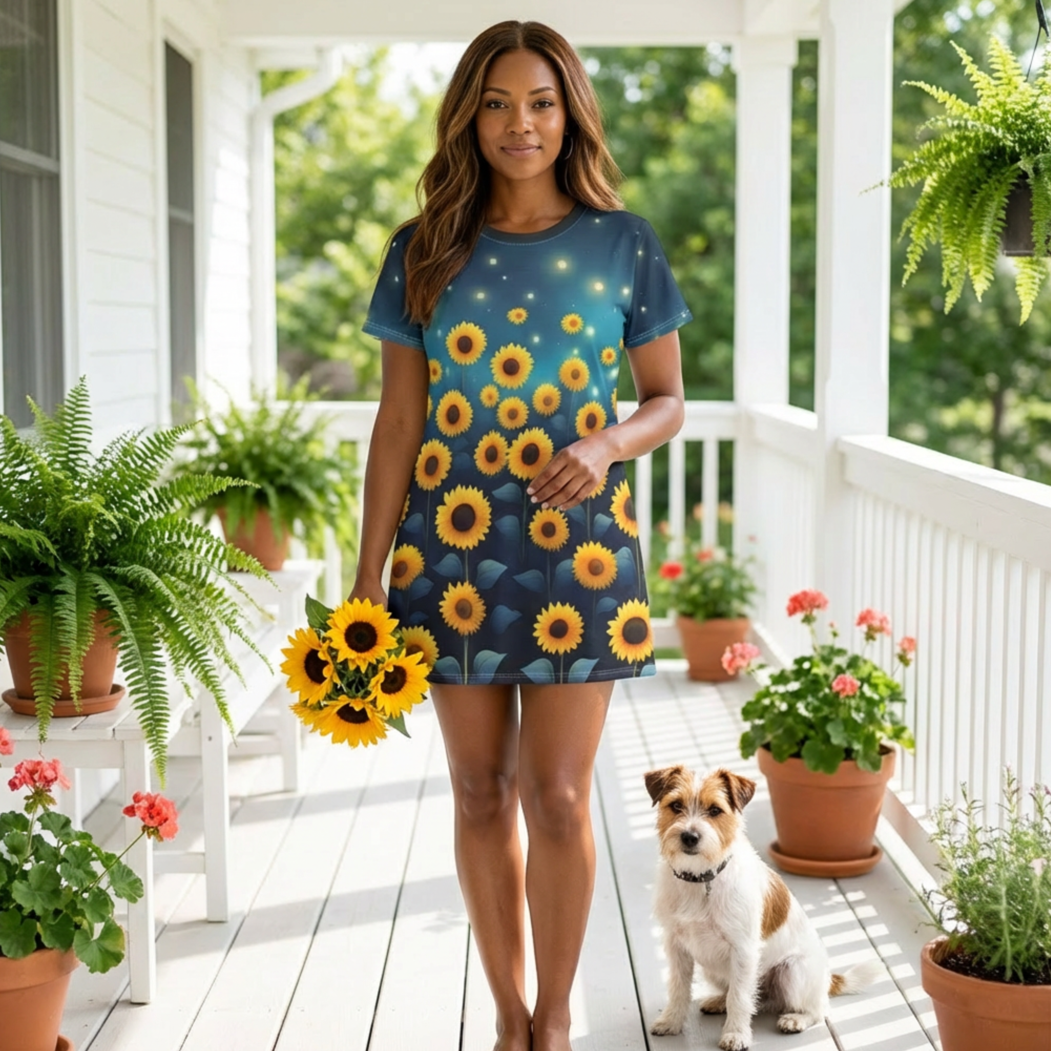 Sunflower Night Sky T‑Shirt Dress — All-Over Print Floral Dress product thumbnail image Sunflower Night Sky T‑Shirt Dress — All-Over Print Floral Dress product thumbnail image