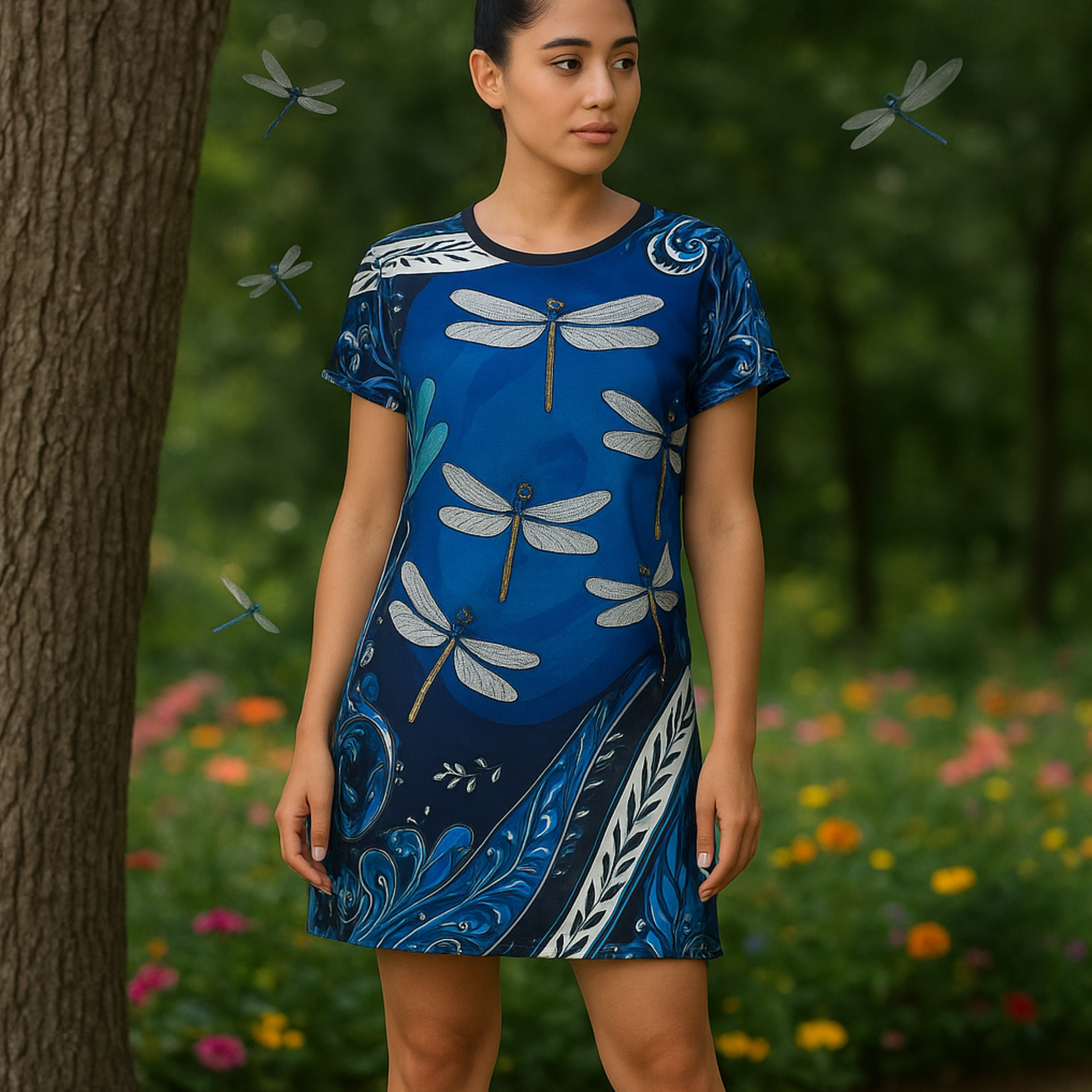 Blue Dragonfly Pattern T-Shirt Dress — Floral Paisley All-Over Print