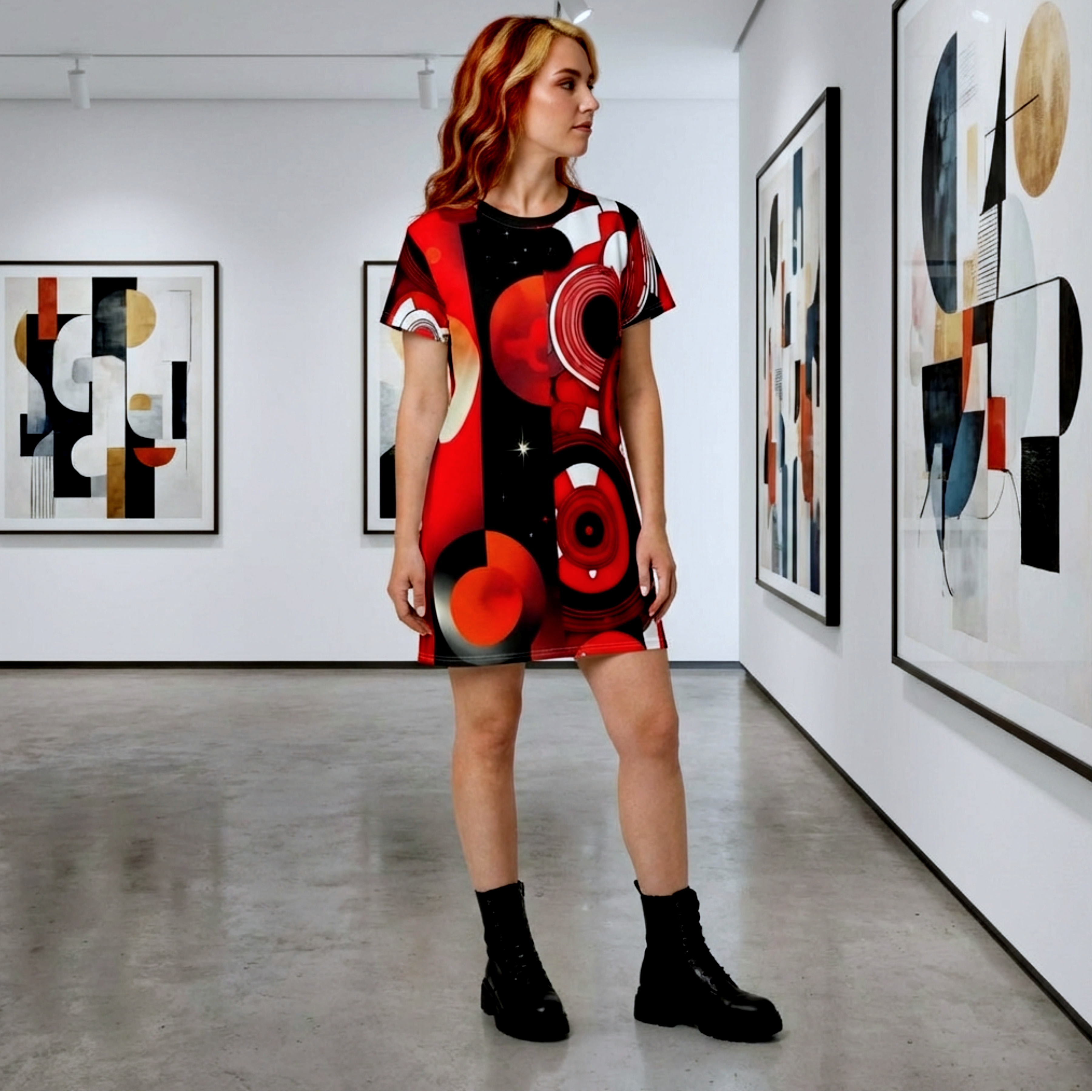 Red Retro Circles T‑Shirt Dress — Bold Abstract Geometric Print product thumbnail image Red Retro Circles T‑Shirt Dress — Bold Abstract Geometric Print product thumbnail image