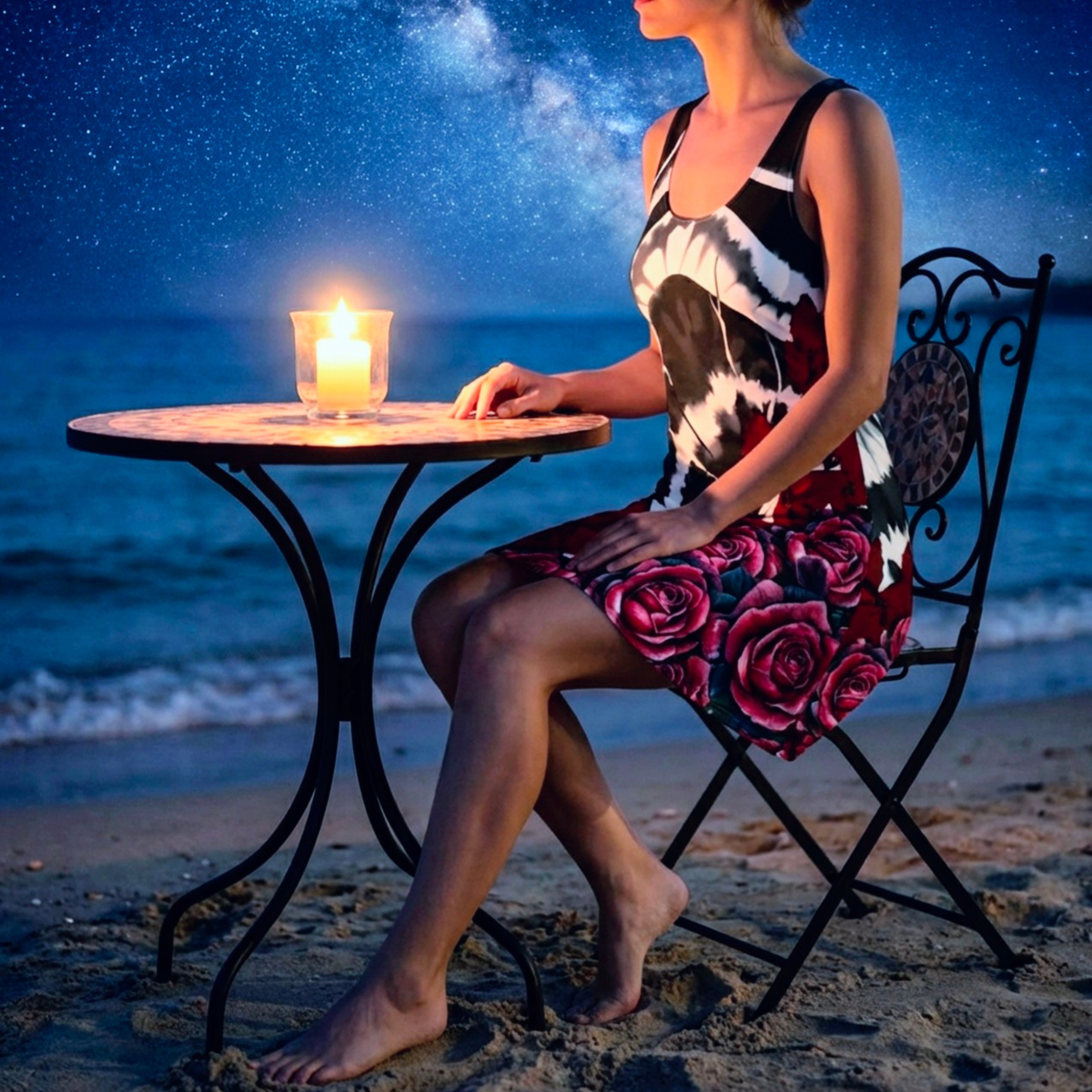 Racerback Dress — Black &amp; White Tie-Dye with Red Rose Border