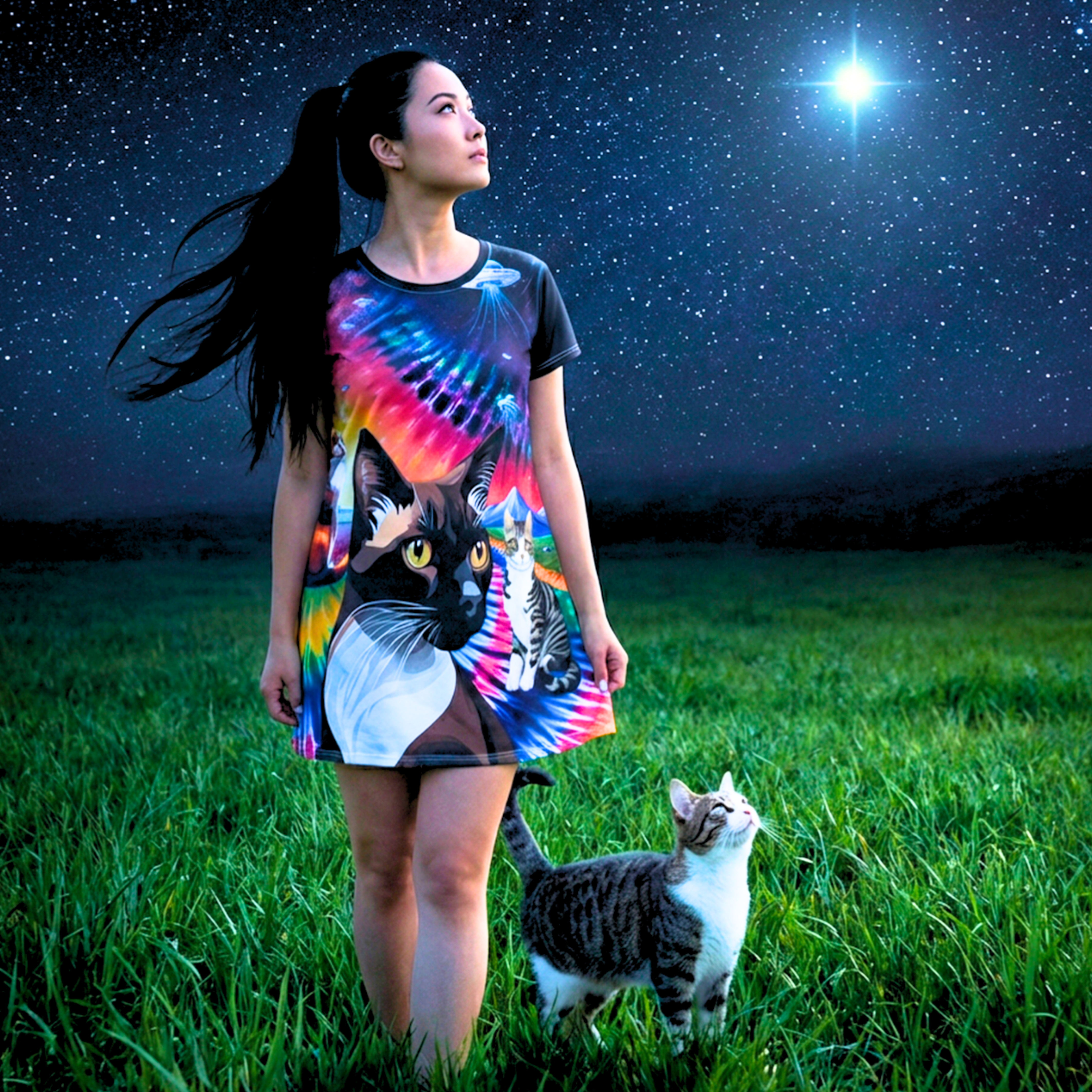 Psychedelic Cat Tie-Dye T-Shirt Dress — UFOs &amp; Cosmic Kitty Print product thumbnail image